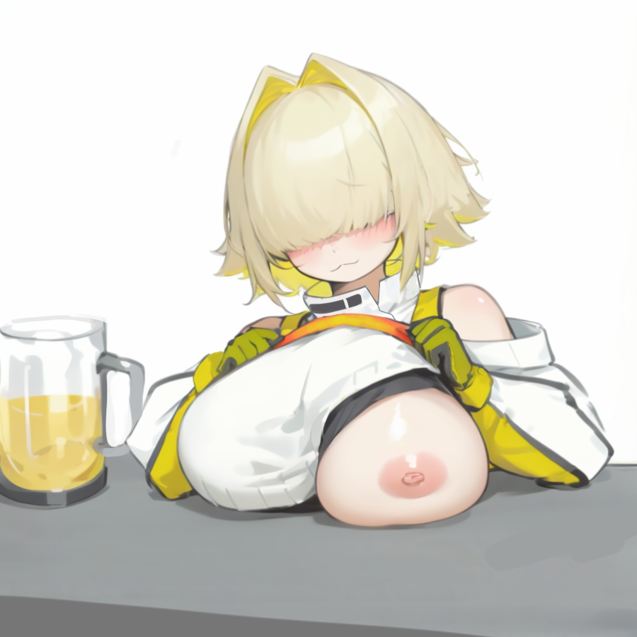 1girls :3 big_breasts blonde_hair blush breasts_on_table casual_exposure elegg_(nikke) female female_only goddess_of_victory:_nikke hair_over_eyes huge_breasts one_breast_out ttt_ia23