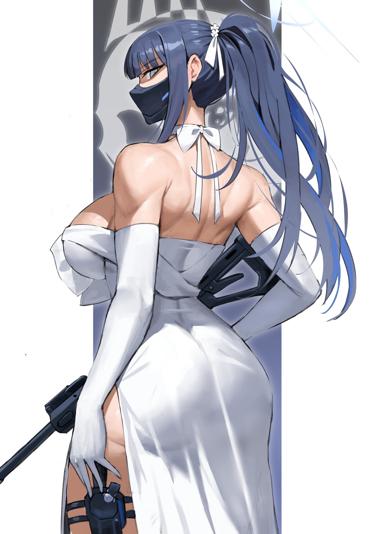 1girl 1girls 2d 2d_(artwork) anhuzart arius_satellite_school_logo_(blue_archive) arius_satellite_school_student arius_squad_(blue_archive) athletic_female blue_archive blue_hair dress elbow_gloves face_mask female fit_female gloves gun halo holster large_breasts looking_at_viewer mask masked_female mouth_mask non_nude rifle saori_(blue_archive) saori_(dress)_(blue_archive) simple_background solo solo_female white_dress