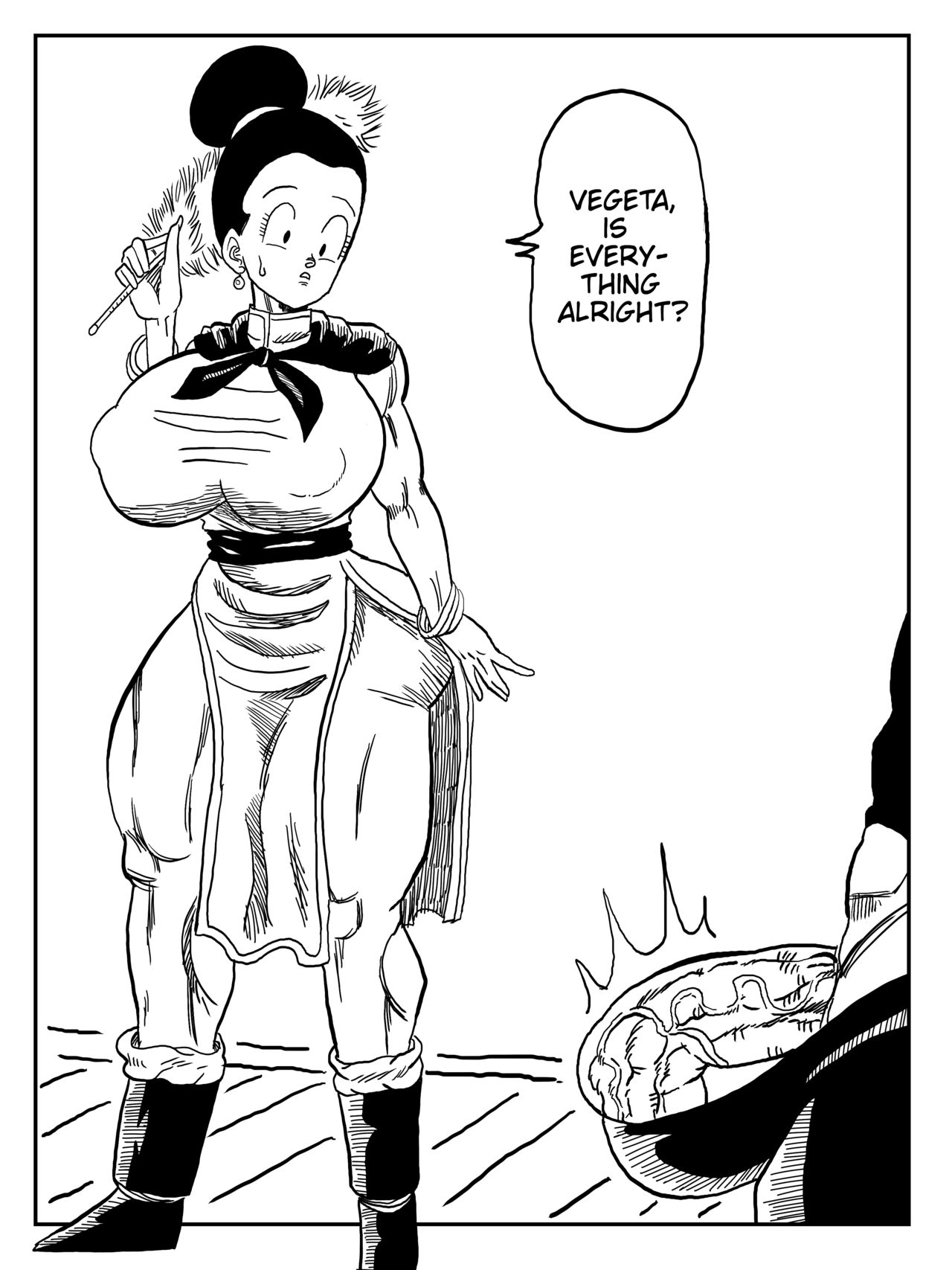 1boy, 1girls, big breasts, breasts, chichi, comic, comic page, comic panel, comic strip, doompypomp, dragon ball, female, greyscale, line art, male, monochrome, monochrome background, no color, pussy, vegeta