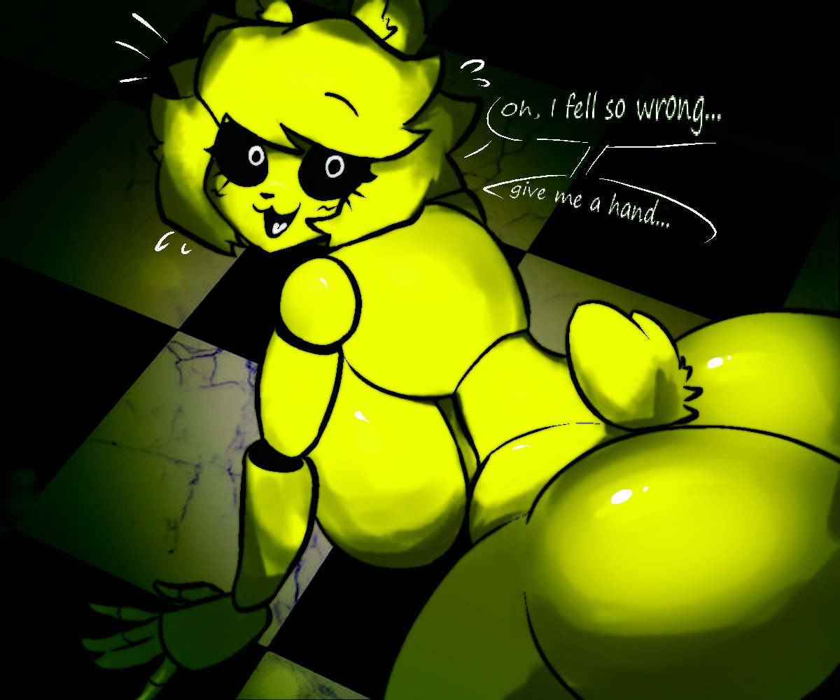 1girls asking asking_for_help ass bent_over big_ass black_pupils bubble_butt caked_up checkered_floor dark_pupils dat_ass dialogue dumptruck_ass fat_ass female female_only five_nights_at_freddy's golden_freddy_(fnaf) large_ass massive_ass on_all_fours on_ground rule_63 stormkinght text