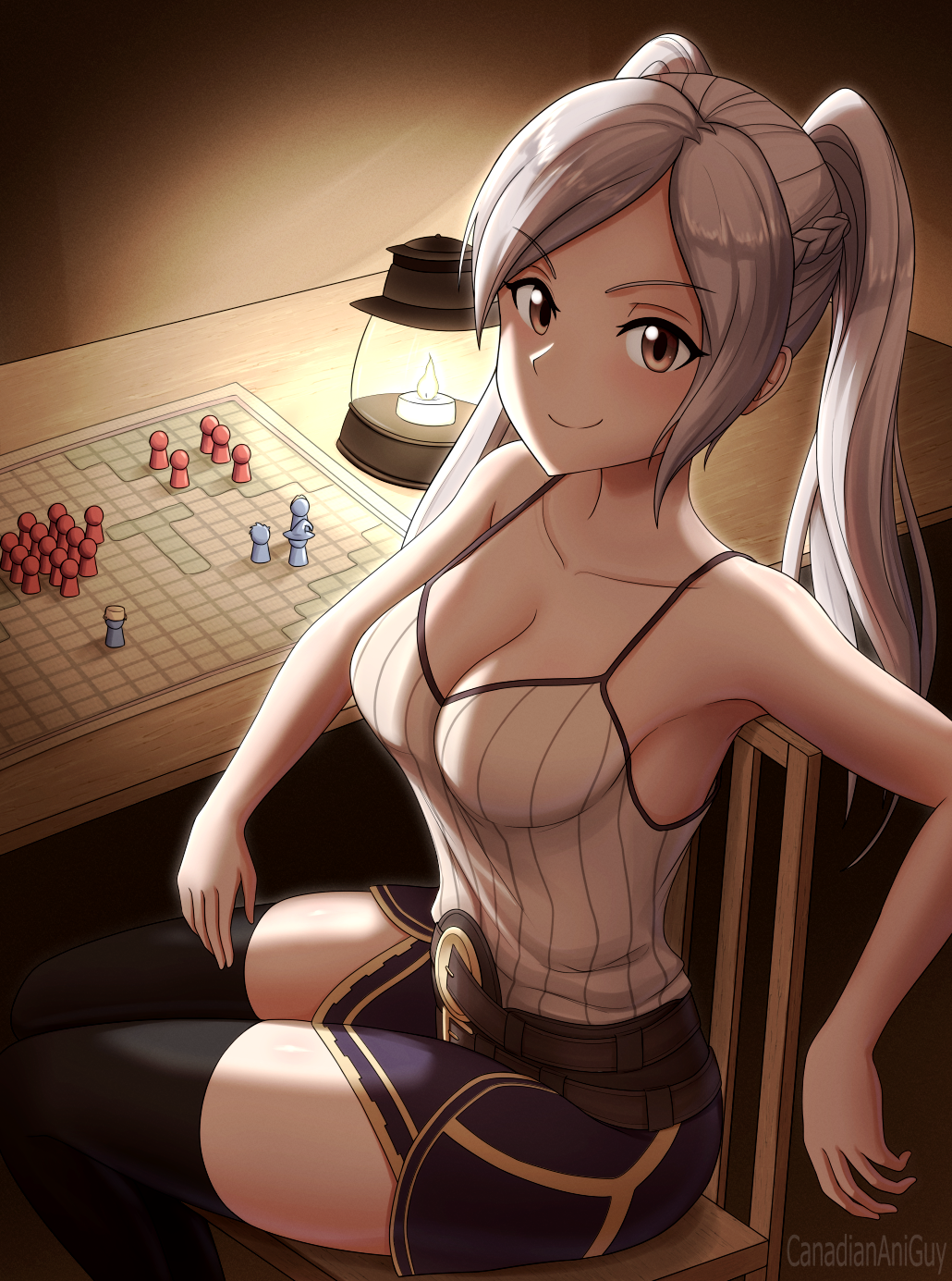 1girls bare_shoulders black_socks breasts canadiananiguy candle cleavage female female_only fire_emblem fire_emblem_awakening grey_hair highres indoors lamp large_breasts looking_at_viewer map night nintendo purple_skirt robin_(fire_emblem) robin_(fire_emblem)_(female) sitting sitting_on_chair skirt socks solo thighs toy_soldier twintails yellow_eyes