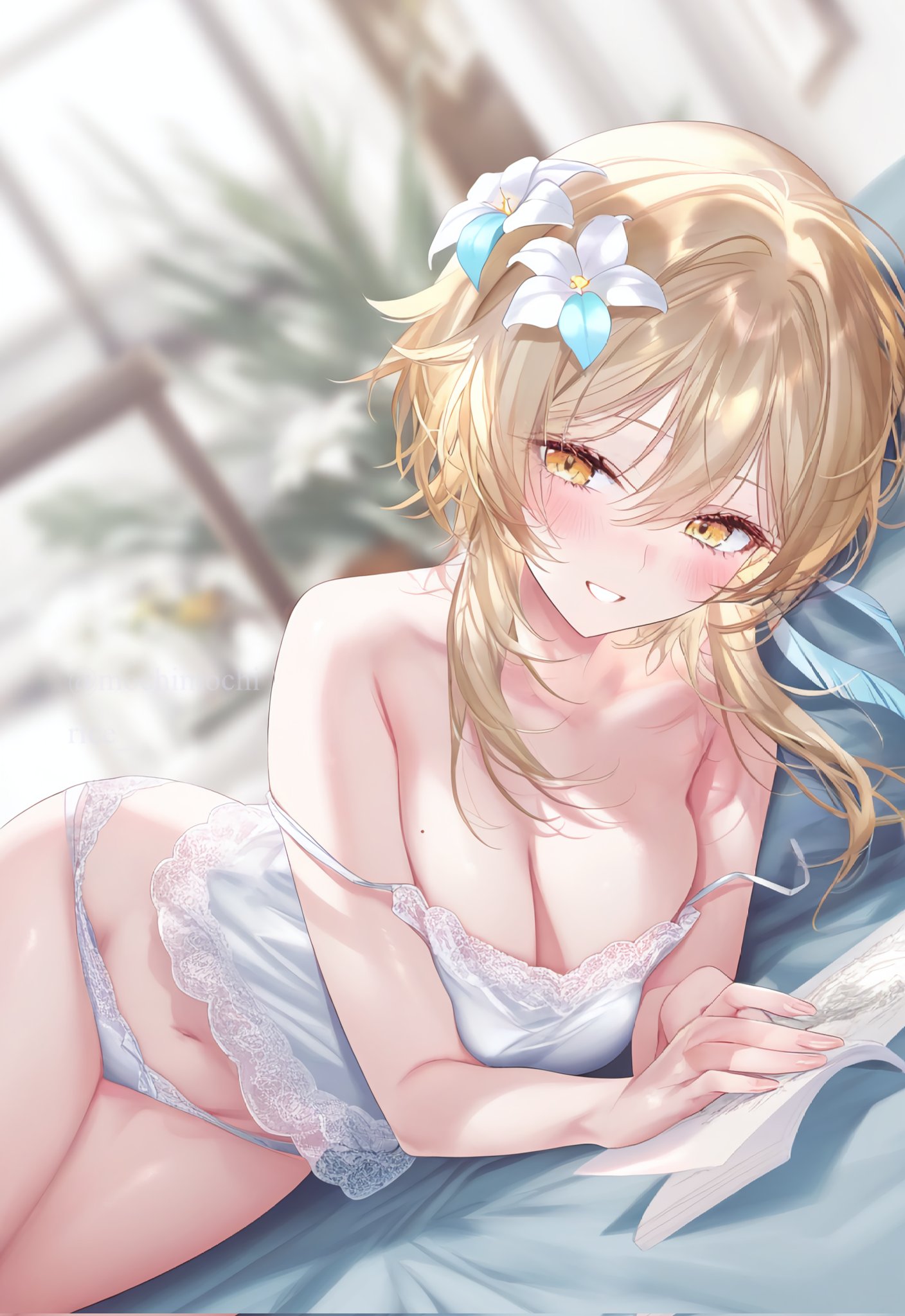1girls, ai generated, blonde hair, blush, breasts, cleavage, female, genshin impact, large breasts, lumine (genshin impact), mochimochirice, mole on breast, panties, seductive, seductive smile, solo, solo female, yellow eyes