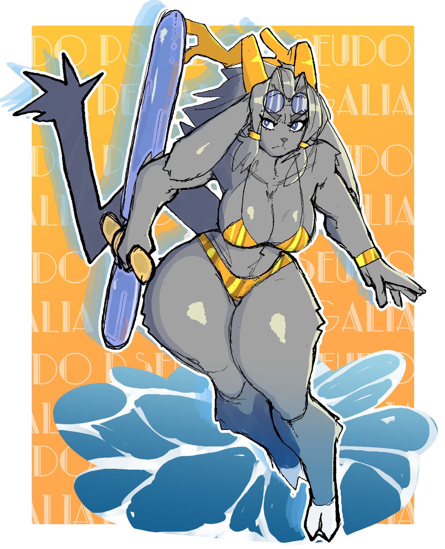 big breasts, bikini, blue eyes, bracelet, breasts, female, glasses, gold bikini, grey fur, hooves, horns and hooves, pokebraix, pool toy, pseudoregalia, sunglasses, sybil (pseudoregalia), tail, thick thighs, water, weapon, wide hips