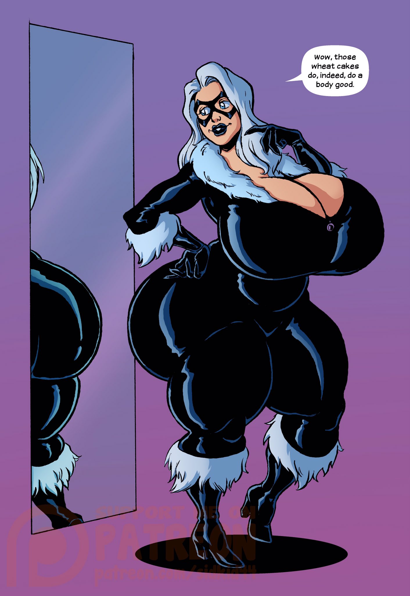 1girls ass big_ass big_breasts black_cat_(marvel) breasts cleavage dialogue felicia_hardy female huge_breasts marvel mirror sidkid44 solo solo_female spider-man_(series) text white_hair