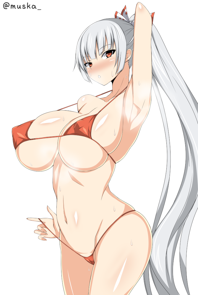 1girls 2024 alternate_hairstyle arm_up armpits bikini bikini_pull blush bow breasts cameltoe camera cleavage clothes_pull covered_erect_nipples cowboy_shot female fujiwara_no_mokou grey_hair hair_bow holding large_breasts long_hair looking_at_viewer micro_bikini musuka_(muska) navel open_mouth ponytail red_eyes simple_background solo standing sweat swimsuit tagme touhou twitter_username very_long_hair white_background