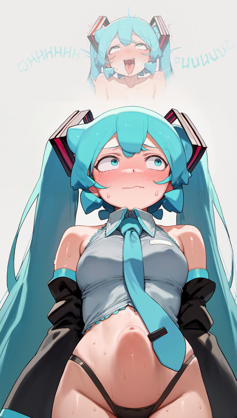 1girls 2024 ai_generated aqua_eyes aqua_hair bare_shoulders closed_mouth crop_top_pull detached_sleeves dripping embarrassed female female_only from_below grey_shirt hair_ornament hatsune_miku large_insertion long_hair looking_to_the_side navel necktie panties sleeveless_shirt solo stable_diffusion stomach_bulge sweat twintails wavy_mouth white_background