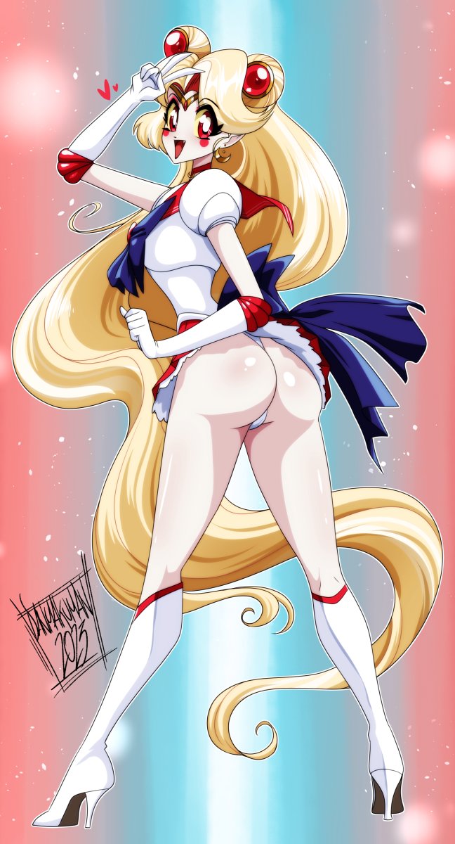 1girls ass big_ass bishoujo_senshi_sailor_moon blonde_hair bubble_butt charlie_morningstar_(hazbin_hotel) clothing cosplay crossover crossover_cosplay curvy cute danmakuman demon demon_girl exposed_ass female hazbin_hotel heart high_heel_boots high_heels long_hair panties red_eyes round_ass sailor_moon_(cosplay) skirt tall_female very_long_hair