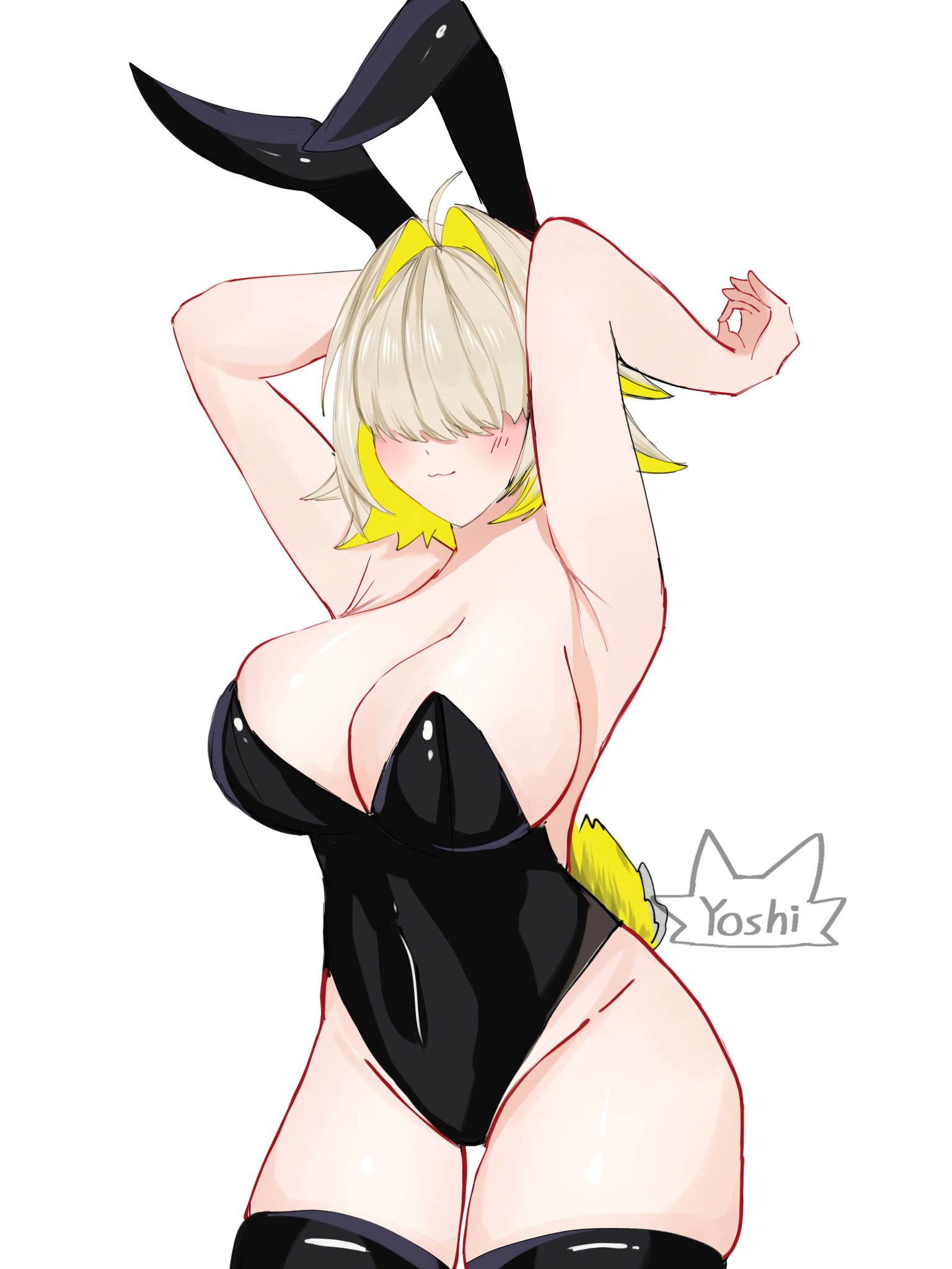 :3, 1girls, ahoge, blonde hair, breasts, bunny ears, bunny tail, bunnysuit, cleavage, elegg (nikke), fake animal ears, female, goddess of victory: nikke, hair over eyes, large breasts, leotard, thick thighs, thighhighs, two-tone hair, white background