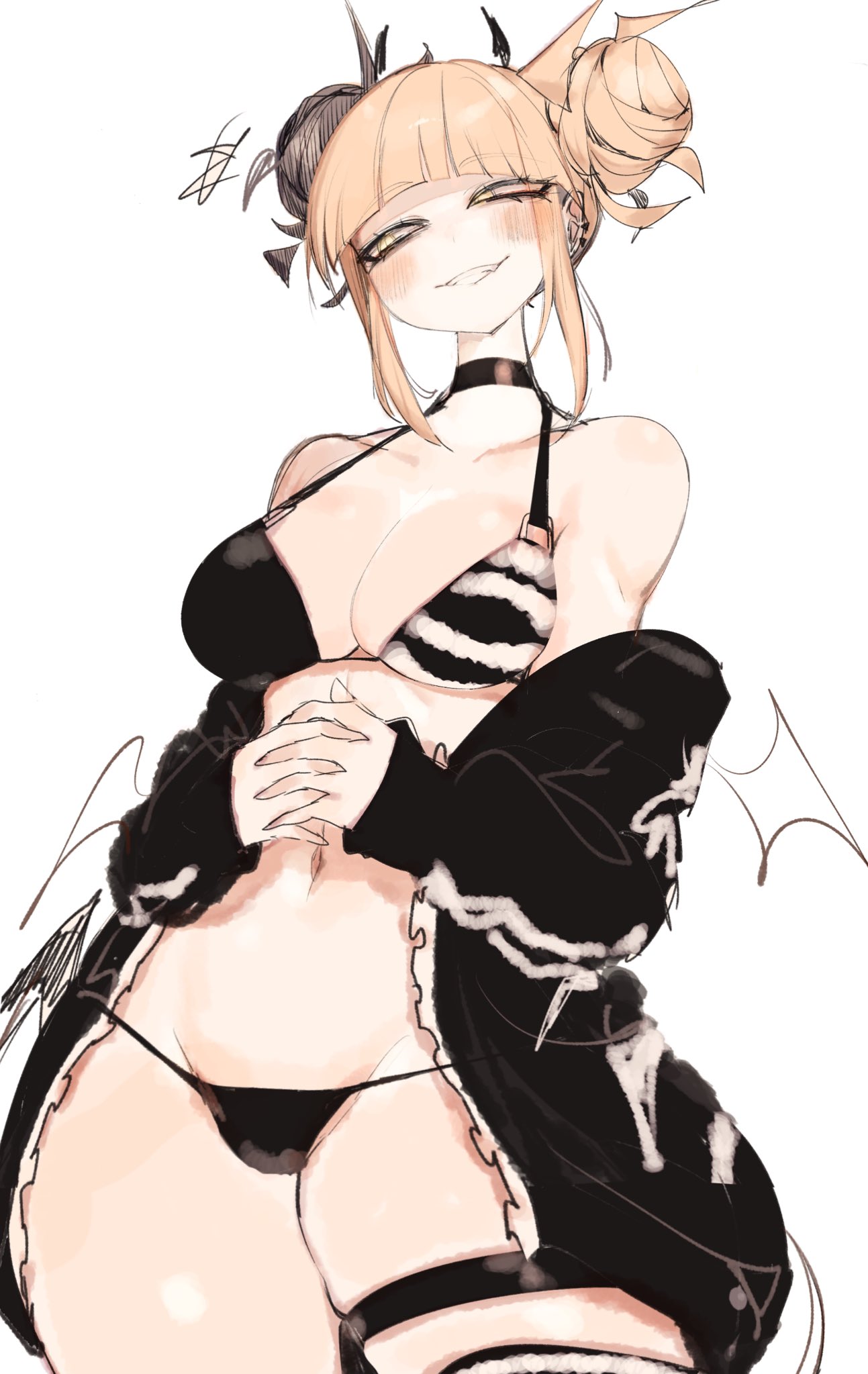 1girls, 2024, 2d, 2d (artwork), anime, asian, asian female, ass, bangs, bare shoulders, belly, belly button, big ass, big breasts, big butt, black choker, black clothing, blonde hair, blush, blushing, blushing at viewer, bra, breasts, choker, cleavage, clothed, clothing, coat, color, colored, curvaceous, curvy, curvy female, curvy figure, double bun, ear piercing, fanart, female, female focus, female only, full color, hair, hair bun, himiko toga, hips, horns, japanese, japanese female, large ass, large butt, light skin, light-skinned female, long hair, looking at viewer, manga, medium breasts, my hero academia, seductive, shounen jump, simple background, smile, smiling, smiling at viewer, solo, solo female, solo focus, stockings, stomach, tail, thick thighs, thighhighs, thighs, thong, toga himiko, usa37107692, voluptuous, voluptuous female, white background, wings, yellow eyes