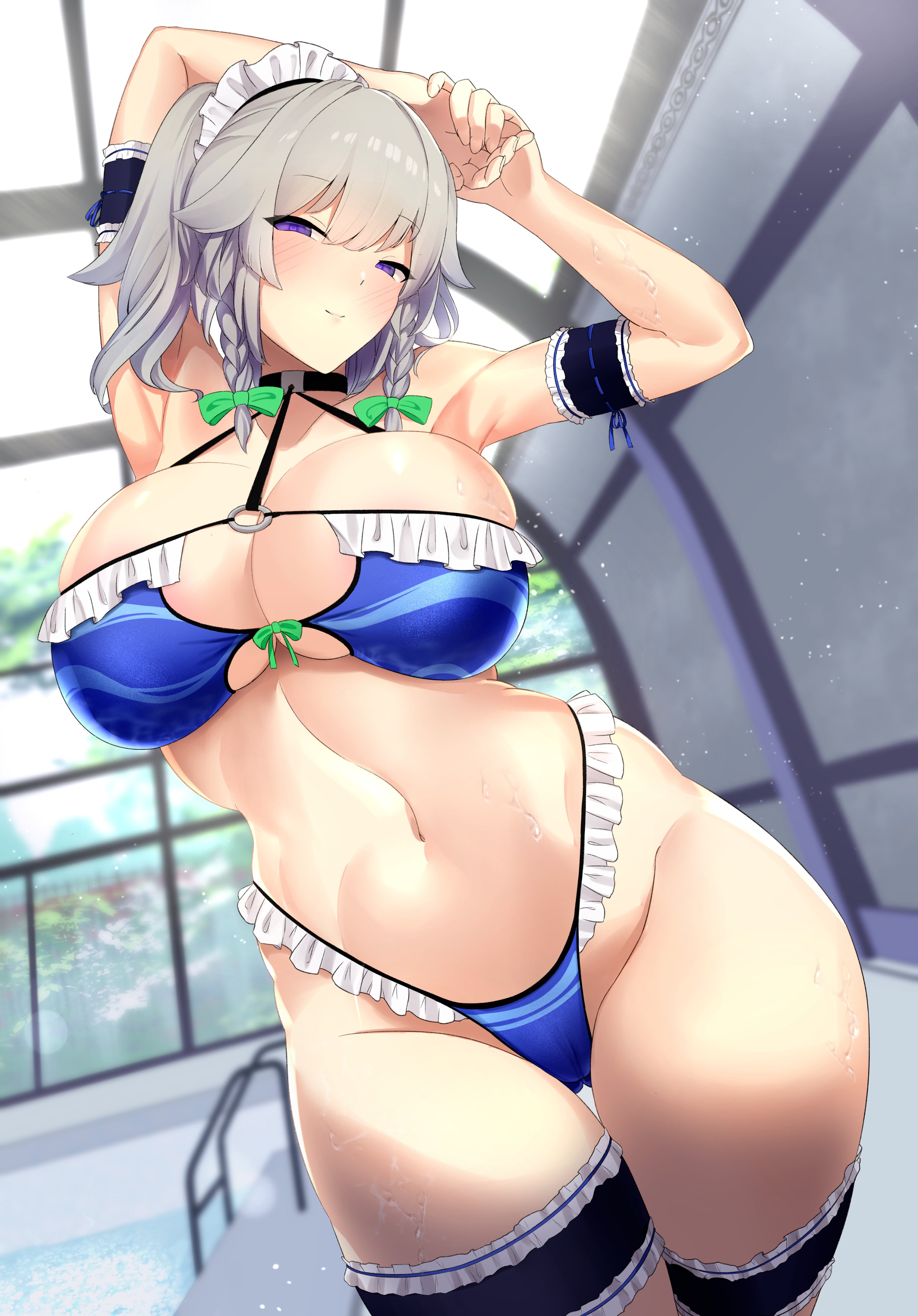 1girls, 2024, absurdres, alternate costume, arms up, bare arms, bare shoulders, big breasts, bikini, black choker, blue bikini, bow, braid, breasts, bridal garter, choker, cleavage, female, frilled bikini, frills, gluteal fold, green bow, hair bow, half-closed eyes, highleg, highleg bikini, highres, indoors, large breasts, light smile, looking at viewer, maid headdress, medium hair, navel, o-ring, o-ring bikini, o-ring top, pool, purple eyes, sakuya izayoi, silver hair, sinkai, solo, stomach, swimsuit, thigh gap, touhou, twin braids, wet