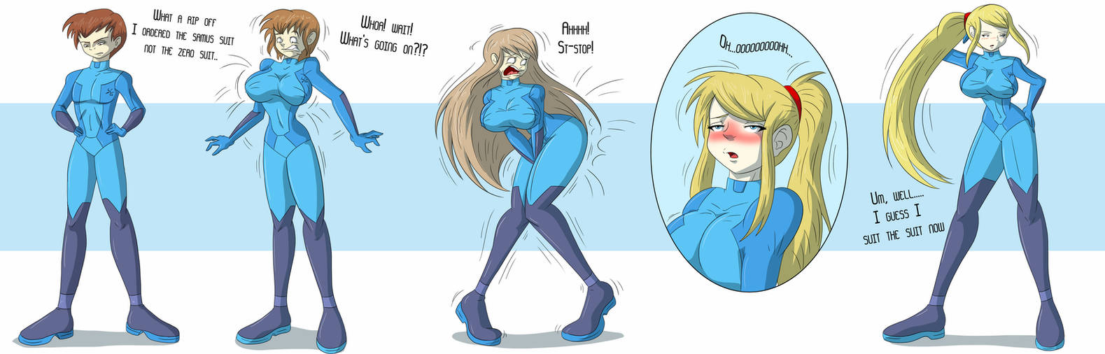 1girls, ass expansion, blonde hair, breast expansion, breast growth, breast growth (enlargement), breasts, female, female only, gender transformation, hair color change, hair growth, huge breasts, long hair, metroid, mtf transformation, nintendo, ponytail, rule 63, samus aran, tfsubmissions, transformation, transformation sequence, wide hips