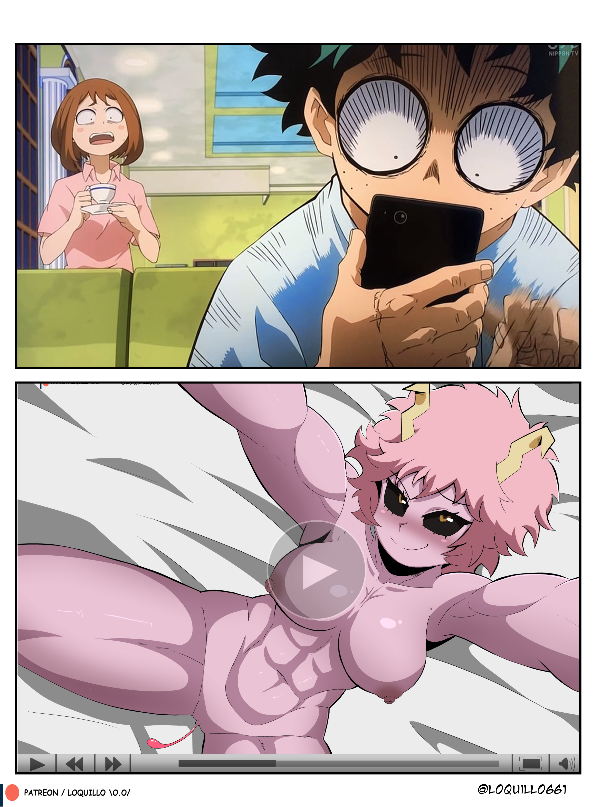 1boy, 2girls, big breasts, black sclera, blush, breasts, brown hair, brown-haired female, female, filming, green hair, green-haired male, happy, izuku midoriya, looking at another, looking up, loquillo, male, mina ashido, muscular, muscular female, muscular legs, muscular thighs, my hero academia, naked, naked female, nude, nude female, ochako uraraka, pink hair, pink skin, pink-haired female, pussy, recording, teenage male, teenager, vibrator, vibrator in pussy, video recording, wide hips, wide thighs, yellow eyes