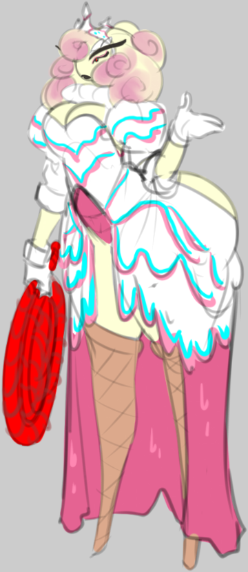 big_breasts big_eyebrows cake candy cotton_candy crown curly_hair dongwongtang dress exposed_ass high_heel_boots huge_ass original_character plump royalty