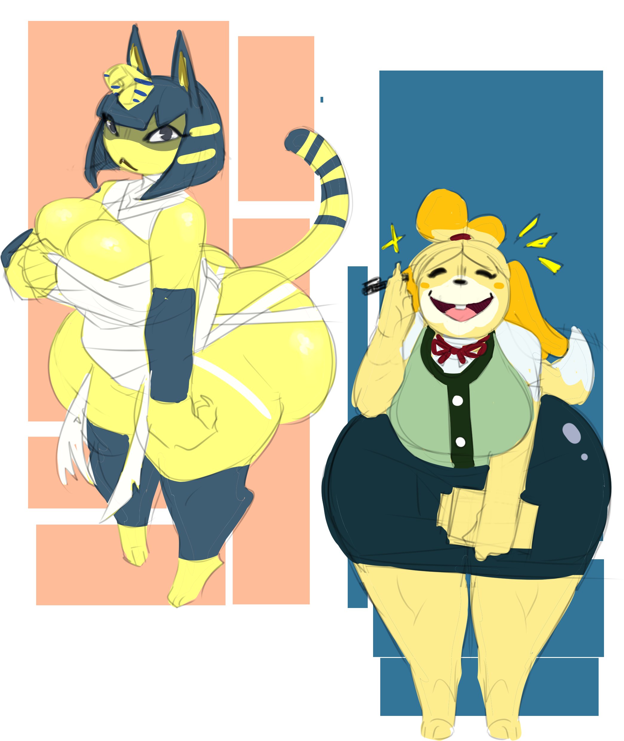animal crossing, ankha, anthro, ass, bandages, big breasts, breasts, canine, dongwongtang, feline, female, happy, huge ass, isabelle (animal crossing), nintendo, plump, shortstack, simple background, stare, tail