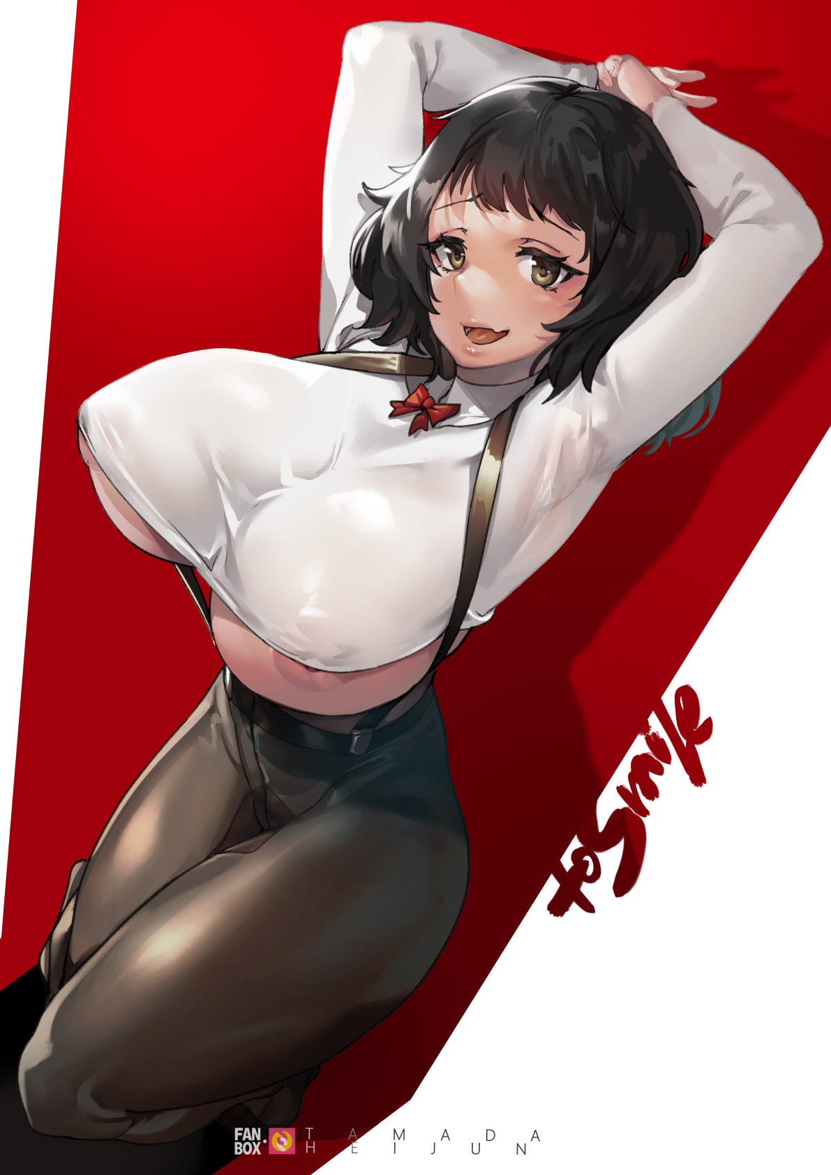 1girls, arms above head, arms up, big breasts, black hair, black legwear, breasts, female, huge breasts, leggings, persona, persona 5, red bow, sadayo kawakami, smile, solo, suspenders, tamada heijun, underboob, white shirt