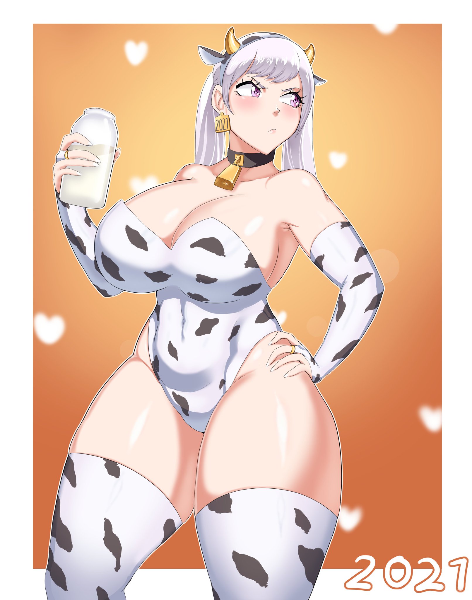 1girls, 2021, animal ears, arm sleeves, armpits, armwear, big breasts, black clover, blush, breasts, choker, cleavage, clothed, cow girl, cow print, cowbell, earring, female, front view, hand on hip, heart, horns, hourglass figure, large breasts, legwear, linkxs, long hair, looking to the side, milk, milk bottle, noelle silva, plain background, pout, purple eyes, silver hair, solo, stockings, teenager, thick thighs, thighs, twintails, white hair, wide hips