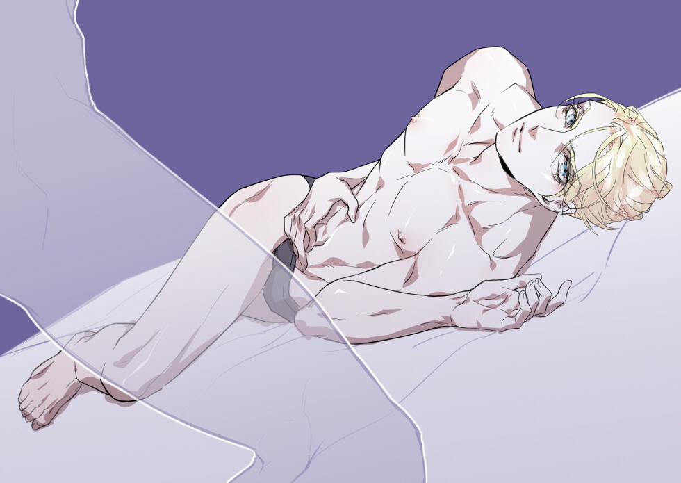 1boy black_briefs black_underwear blonde_hair blue_eyes briefs crossed_legs erect_nipples femboy gay jojo's_bizarre_adventure looking_at_viewer male_only on_back on_bed prosciutto see-through see-through_silhouette smile solo_focus toned toned_male transparent vento_aureo yaoi