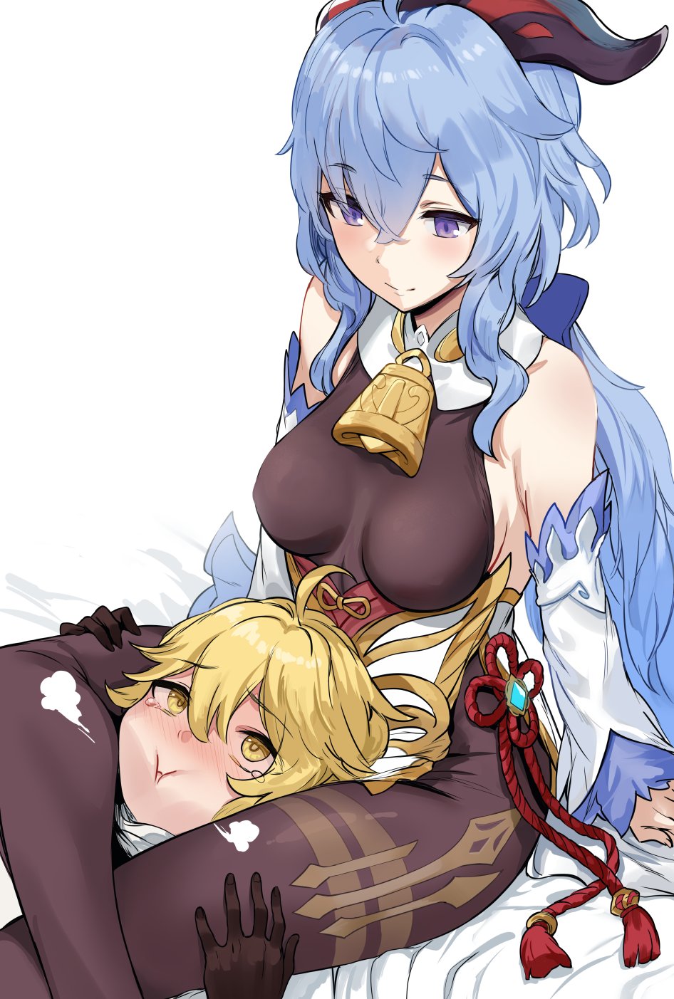 aether (genshin impact), asphyxiation, between legs, between thighs, blush, bodysuit, breasts, female, ganyu (genshin impact), genshin impact, headscissor, hews hack, leg lock, male, sandwiched, smile
