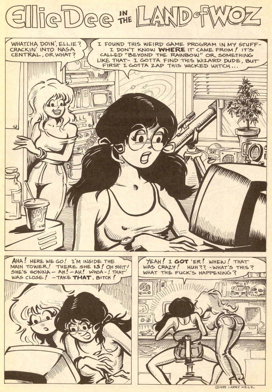 1980s 1989 20th_century 2girls black_and_white blonde_hair cherry_poptart cherry_poptart_(comic) clothed comic comic_page computer computer_keyboard dialogue ellie_dee glasses jean_shorts jeans keyboard keyboard_(computer) larry_welz monochrome nerd nerdy_female nipple_bulge ribbon ribbons short_jeans sitting sitting_on_chair straight_hair tank_top twintails watch