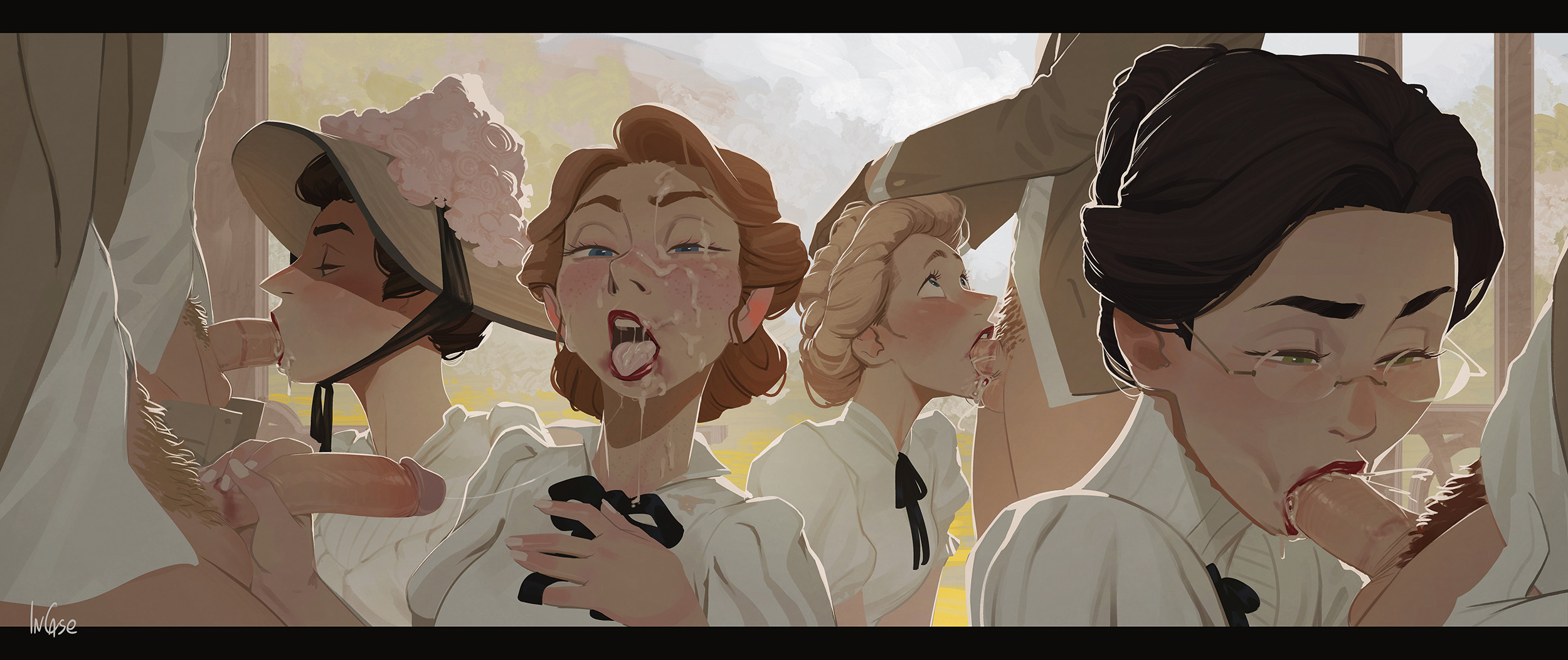 4boys, 4girls, cum, cum in mouth, cum inside, cum on tongue, erection, fellatio, female, incase, lipstick mark, lipstick on penis, male, open mouth, oral, penis, straight, tongue, tongue out, victorian