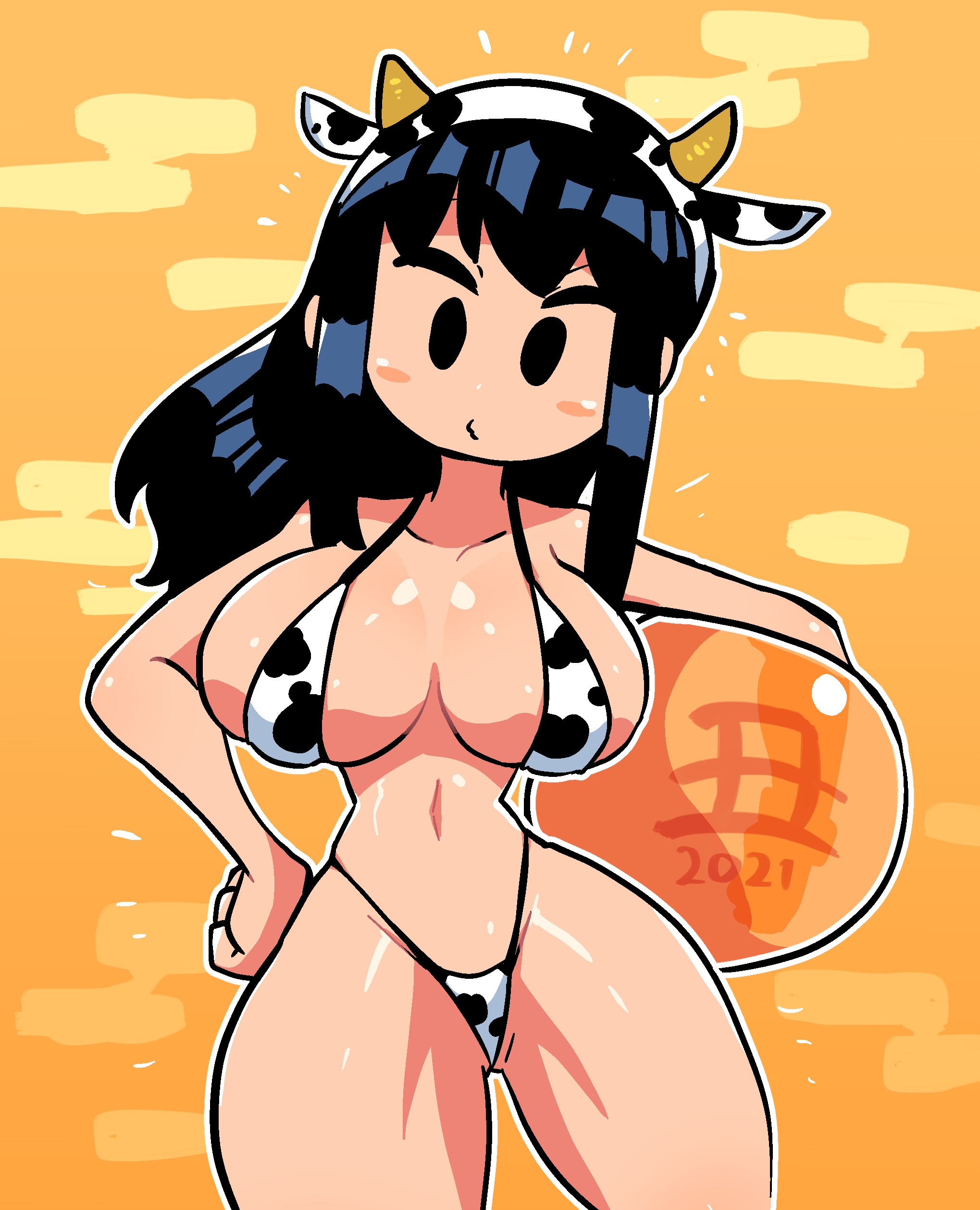 1girls, 2021, asta (crap man), asta rindo, bikini, black hair, cow girl, cow print, cow print bikini, crap-man, female, hand on hip, hips, mob face, solo, thighs