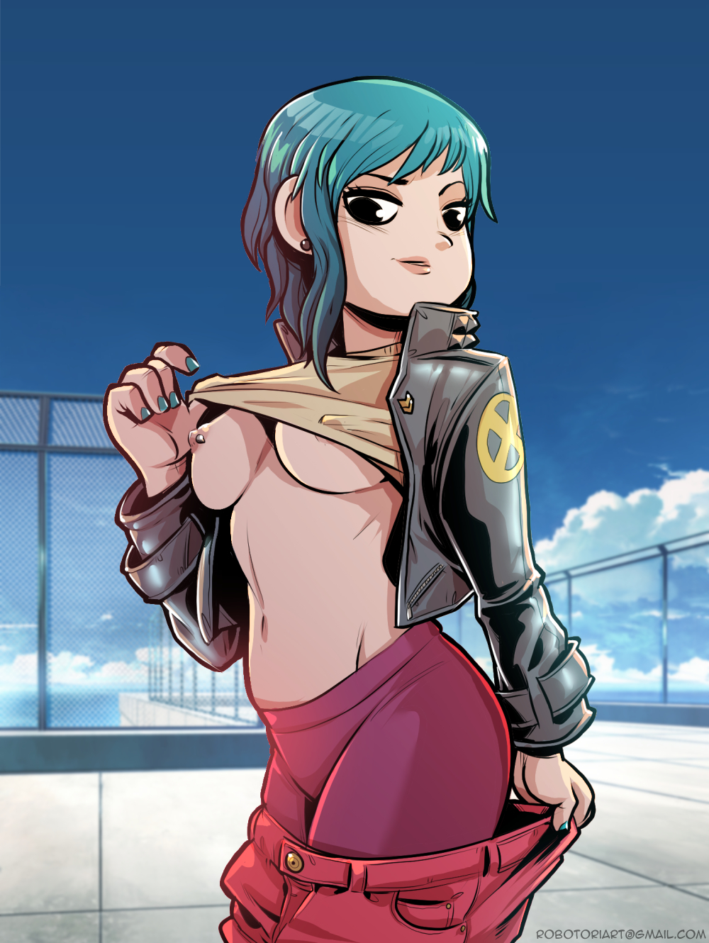 blue hair, breasts, female, flashing, flashing breasts, leather jacket, midriff, pinup, ramona flowers, robotori, scott pilgrim, shirt lift, shirt lifted by self, tagme