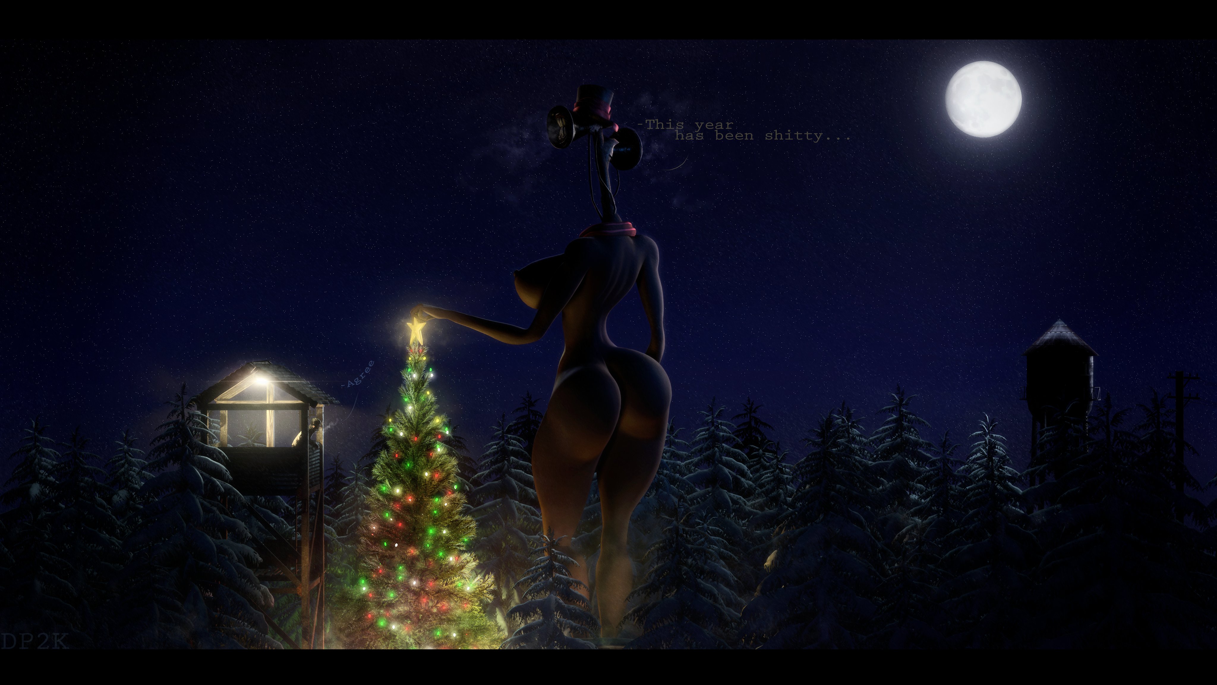2020, 3d, 3d (artwork), absurd res, ass, big ass, big breasts, big butt, black body, breasts, christmas, christmas lights, christmas ornaments, christmas tree, cryptid, curvy, curvy female, curvy figure, detailed background, dialogue, doctorpurple2000, english text, erect nipples, female, giantess, headwear, height difference, hi res, holding object, holidays, hourglass figure, humanoid, macro, male, monster, night, night sky, nipples, nude, nude female, object head, rule 63, scarf, siren head, size difference, talking to another, text, thick thighs, thighs, top hat, tree, trees, trevor henderson