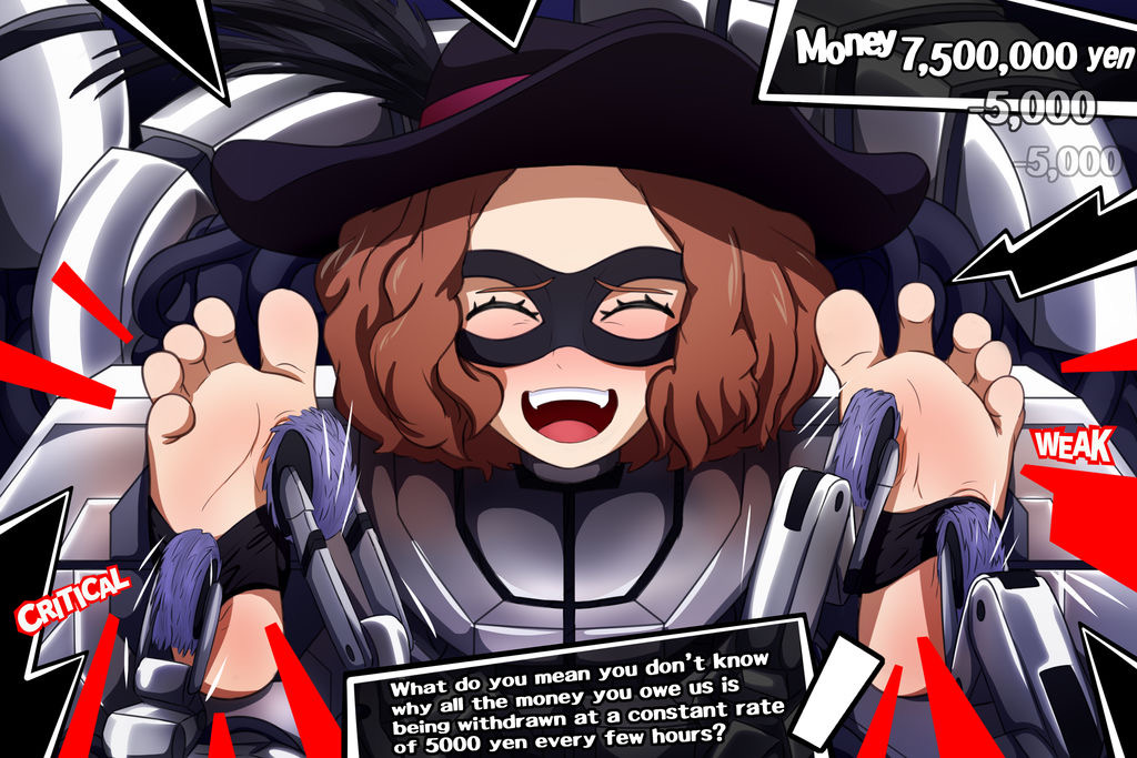 1girls, barefoot, english text, feet, female, female only, foot fetish, haru okumura, hat, laughing, lethaltk, mask, persona, persona 5, text, tickle torture, tickling, toes