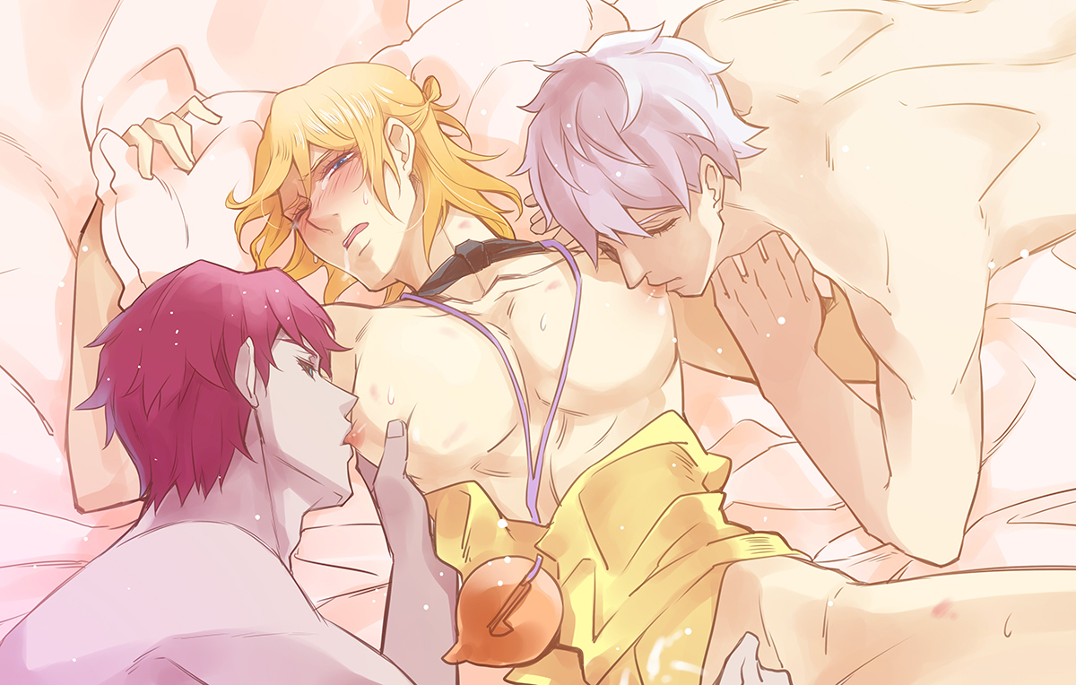3boys, ascot, big breasts, big pecs, biting nipple, blonde hair, blush, breast grab, breasts, crying, drooling, femboy, gay, jojo's bizarre adventure, male, male breasts, male only, male with breasts, nipple biting, nipple play, nipple suck, on back, on bed, on stomach, pecs, prosciutto, red hair, risotto nero, sucking nipples, threesome, toned, toned male, two on one, vento aureo, white hair, yaoi