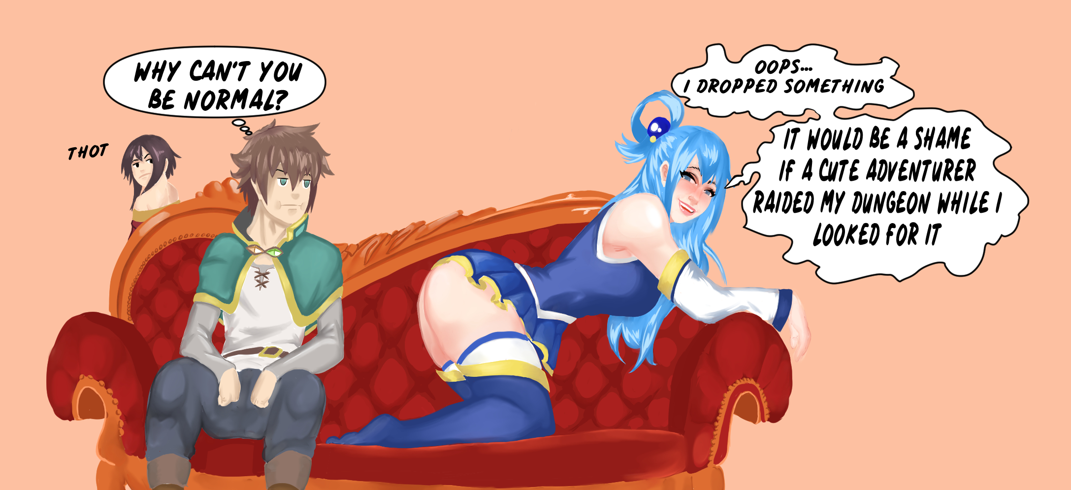 1boy, 2girls, aqua (konosuba), ass, bare ass, bare shoulders, blue eyes, blue hair, blush, boots, dialogue, english text, female, heel boots, high heel boots, horny, inviting, inviting to sex, kneeling, kono subarashii sekai ni shukufuku wo!, large ass, loligagger, long hair, male, megumin, multiple females, multiple girls, no panties, plain background, satou kazuma, skirt, speech bubble, teasing, text, thick thighs, thigh boots, thighhigh boots, thighhighs, thought bubble