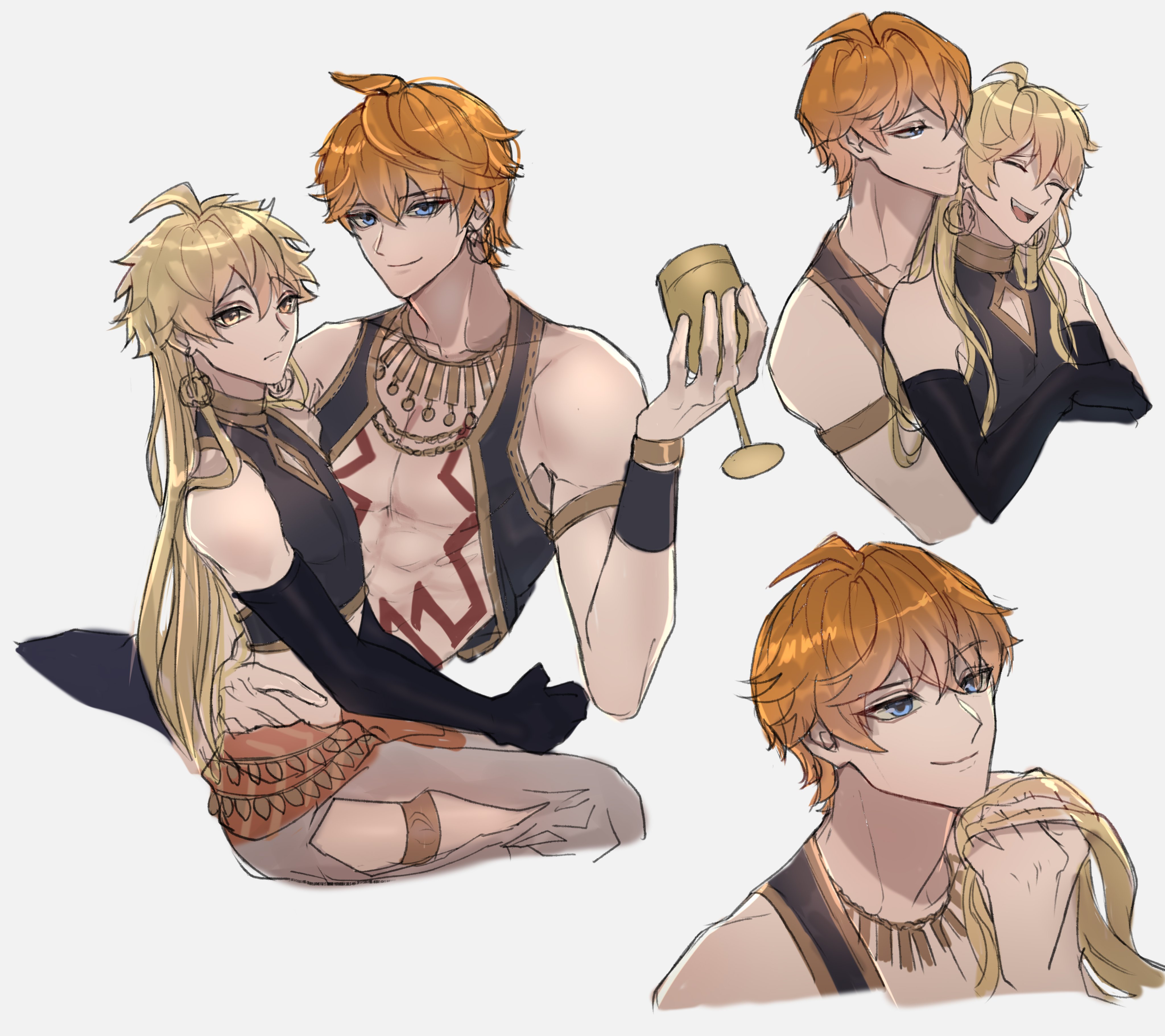 aether (genshin impact), blonde hair, blue eyes, childe (genshin impact), femboy, genshin impact, long hair, long-haired male, male, male only, orange hair, tartaglia (genshin impact), waist, yaoi, yellow eyes