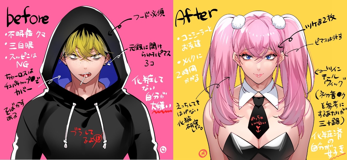 before and after, big breasts, big pecs, blue eyes, bodysuit, breasts, crossdressing, femboy, feminization, gyaru-oh, human, human only, leotard, long hair, male, male breasts, male only, male with breasts, masc to fem, mesko (rototika), original, pecs, pink hair, rototika, sissification, sissy, translation request, trap, twintails