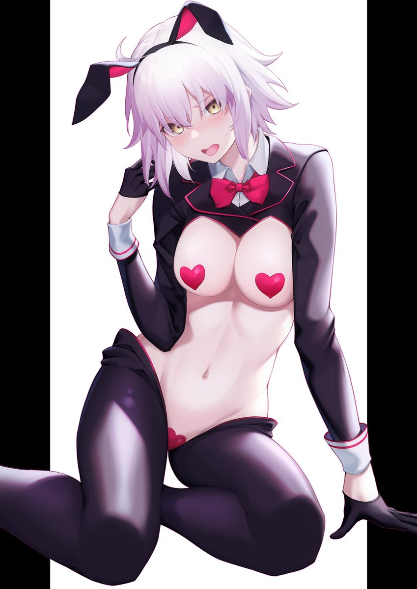 1girls, breasts, bunny ears, fate (series), fate/grand order, female, female only, jeanne alter, jeanne d'arc (fate) (all), pasties, pink heart pasties, pink pasties, pussy, reverse bunnysuit, solo