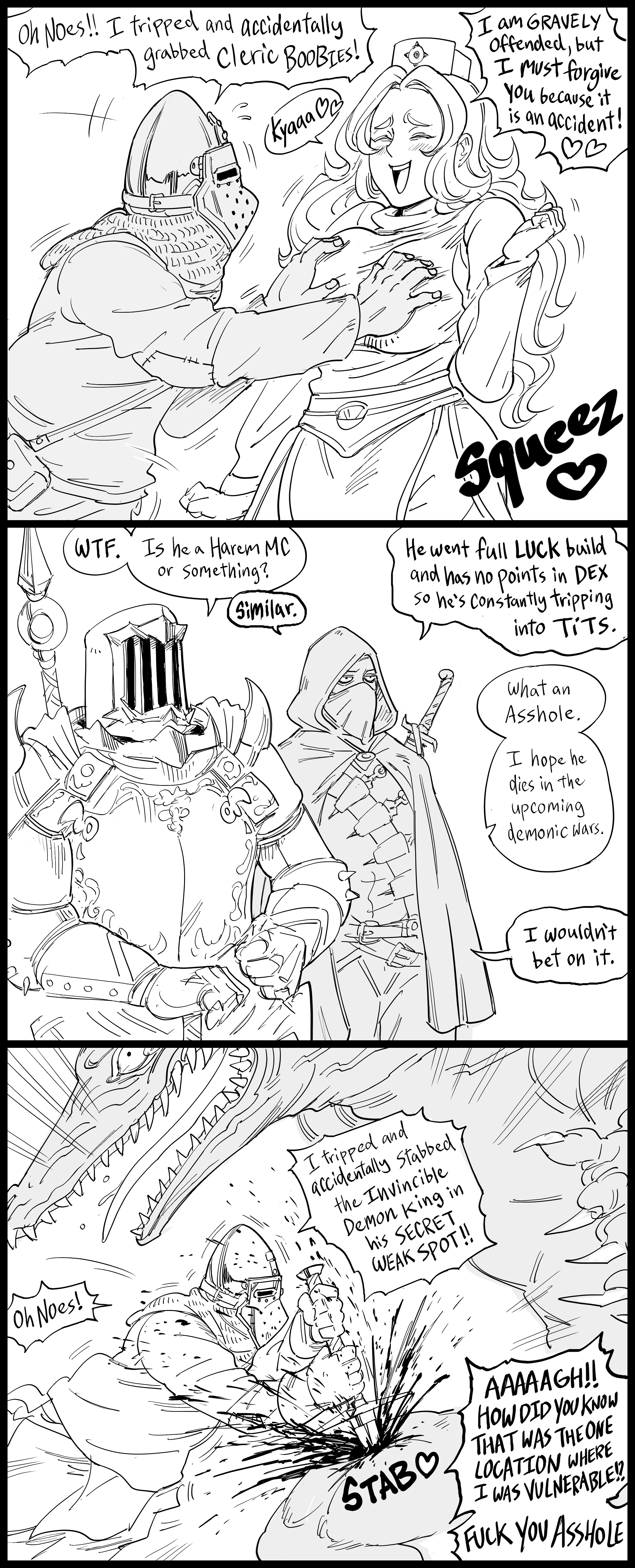 absurd res, bb (baalbuddy), dialogue, english text, funny, monochrome, tagme, text bubble, three panels, white background