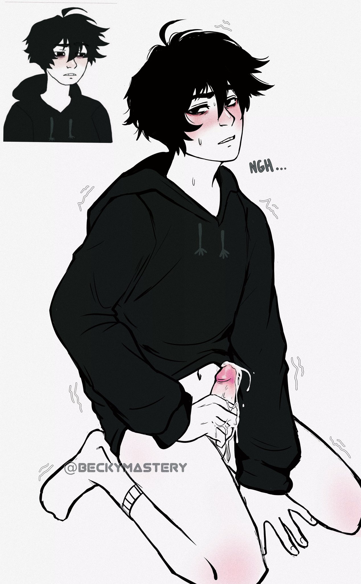 1boy, balls, beckymastery (artist), black eyes, black hair, blush, bottomless, cum, cum drip, cum on penis, cumshot, doomer boy, ejaculation, emo, english text, erection, groan, hoodie, human, human only, legs spread, light skin, light-skinned male, looking at viewer, male, male focus, male only, masturbation, orgasm, orgasm face, pale skin, pale-skinned male, partially clothed, penis, pleasured, shaking, simple background, solo, solo focus, solo male, text, trembling, wariza, white background, white skin, wojak comics