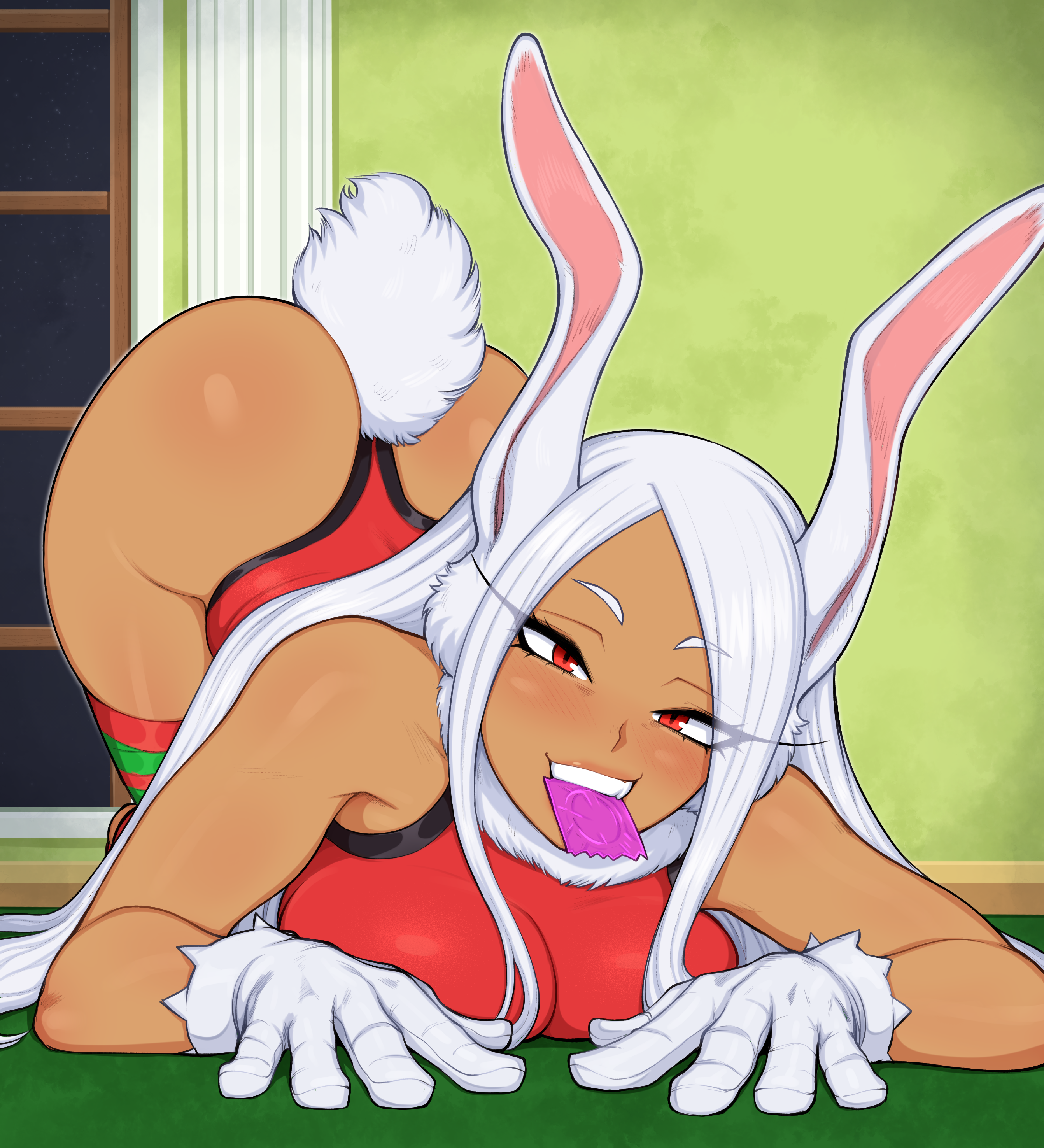 1girls, afrobull, christmas, condom, condom in mouth, dark skin, dark-skinned female, female, highres, long hair, miruko, my hero academia, rumi usagiyama, tagme, white hair, white-haired female