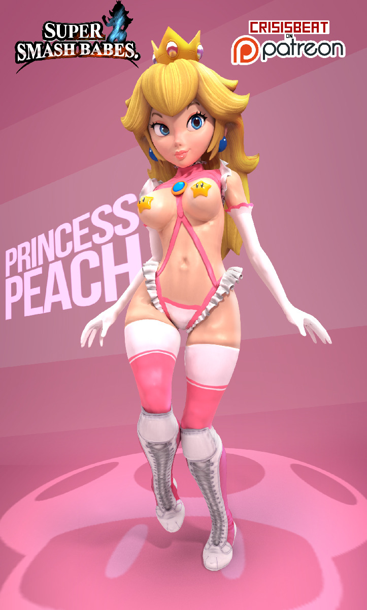 1girls, 3d, artist name, belly, blonde hair, blue eyes, breasts, character name, clothing, covered breasts, covered nipples, crisisbeat, crown, earrings, elbow gloves, erect nipples, female, female only, full body, garter straps, gloves, hips, jewelry, legs, legwear, leotard, lingerie, long hair, lower body, mario (series), mushroom, navel, nintendo, nipple bulge, nipples, open mouth, pasties, princess, princess peach, revealing clothes, smile, solo, standing, stockings, strap, straps, super smash bros., text, thighhighs, thighs, underwear, upper body, voluptuous