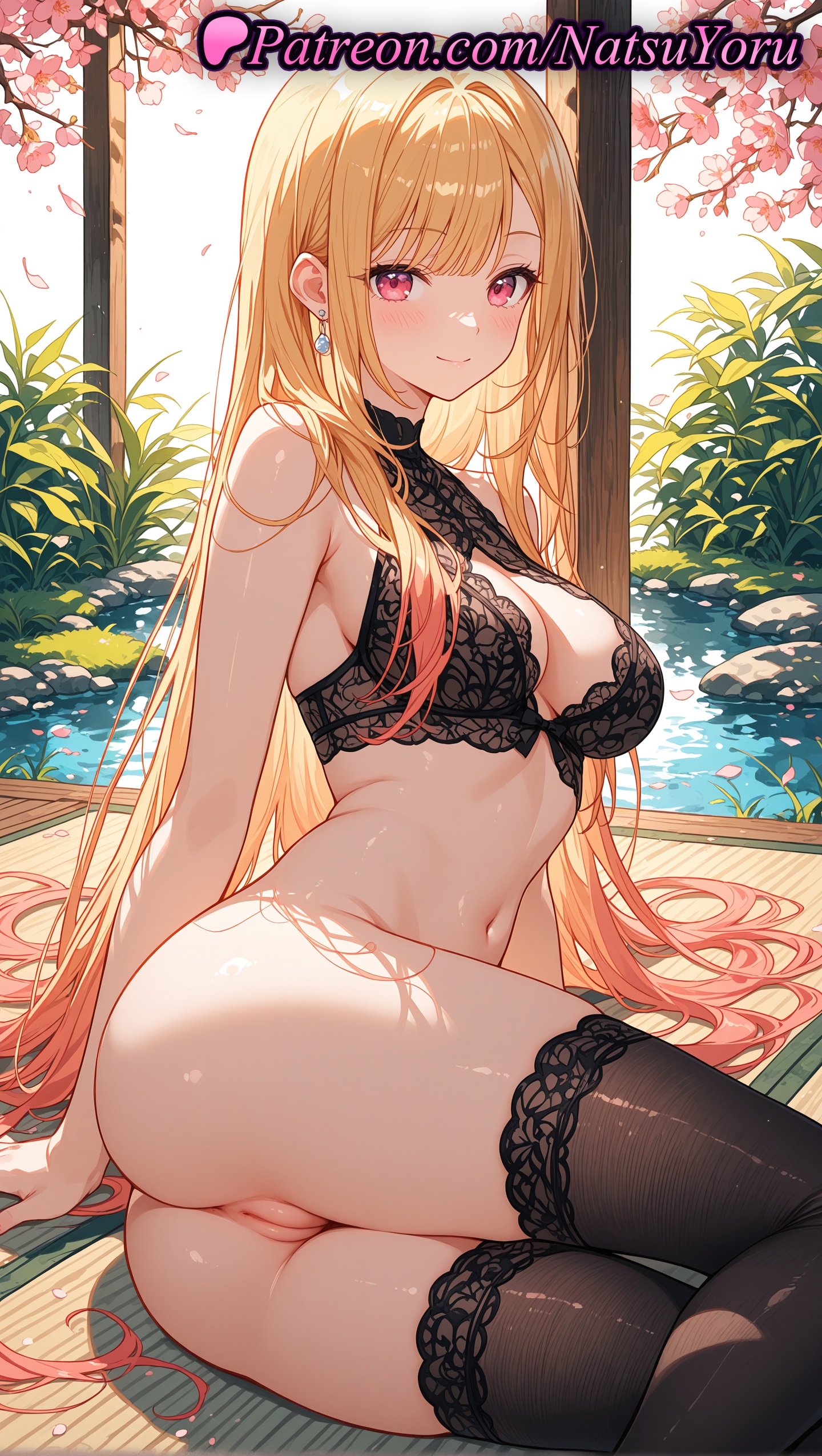 1girls, 2025, ai generated, ass, bangs, bare arms, bare shoulders, black bra, black thighhighs, blonde hair, blush, bottomless, bra, breasts, cleavage, closed mouth, colored tips, earrings, female, hi res, highres, jewelry, kitagawa marin, lace trim, lace-trimmed bra, long hair, looking at viewer, medium breasts, natsuyoru, navel, oshiri, patreon, pussy, red eyes, smile, solo, sono bisque doll wa koi wo suru, stomach, thighhighs, thighs, uncensored, underwear, vagina, very long hair, voluptuous, voluptuous female
