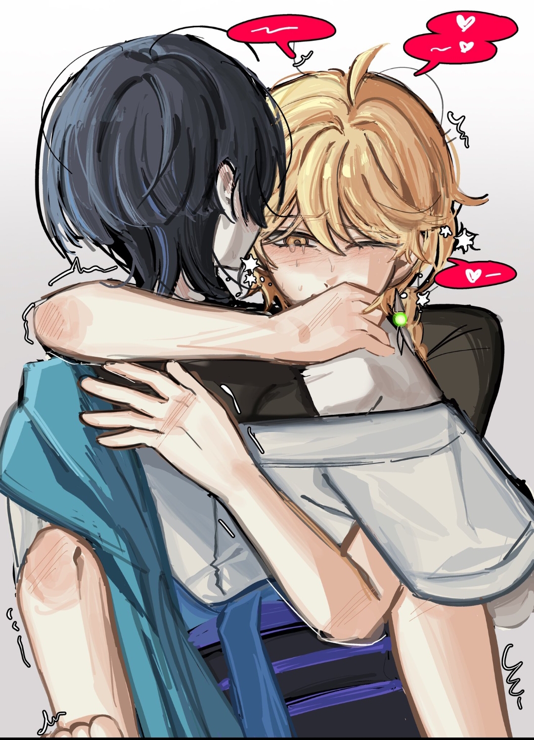2boys, aether (genshin impact), anal, blonde hair, blue, blush, dominant, domination, gay, genshin impact, hair, insertion, male, male only, scaramouche (genshin impact), sex, shy, teasing, wanderer (genshin impact)