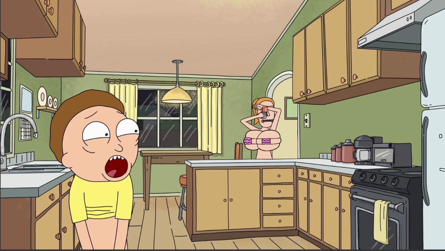 2020s, big breasts, bikini, breasts, brother and sister, caught, caught by sister, caught masturbating, clothing, covering face, edit, female, human, jerking, kitchen, looking back, male, morty smith, nut-master, pale skin, rick and morty, screenshot edit, siblings, summer smith, tagme
