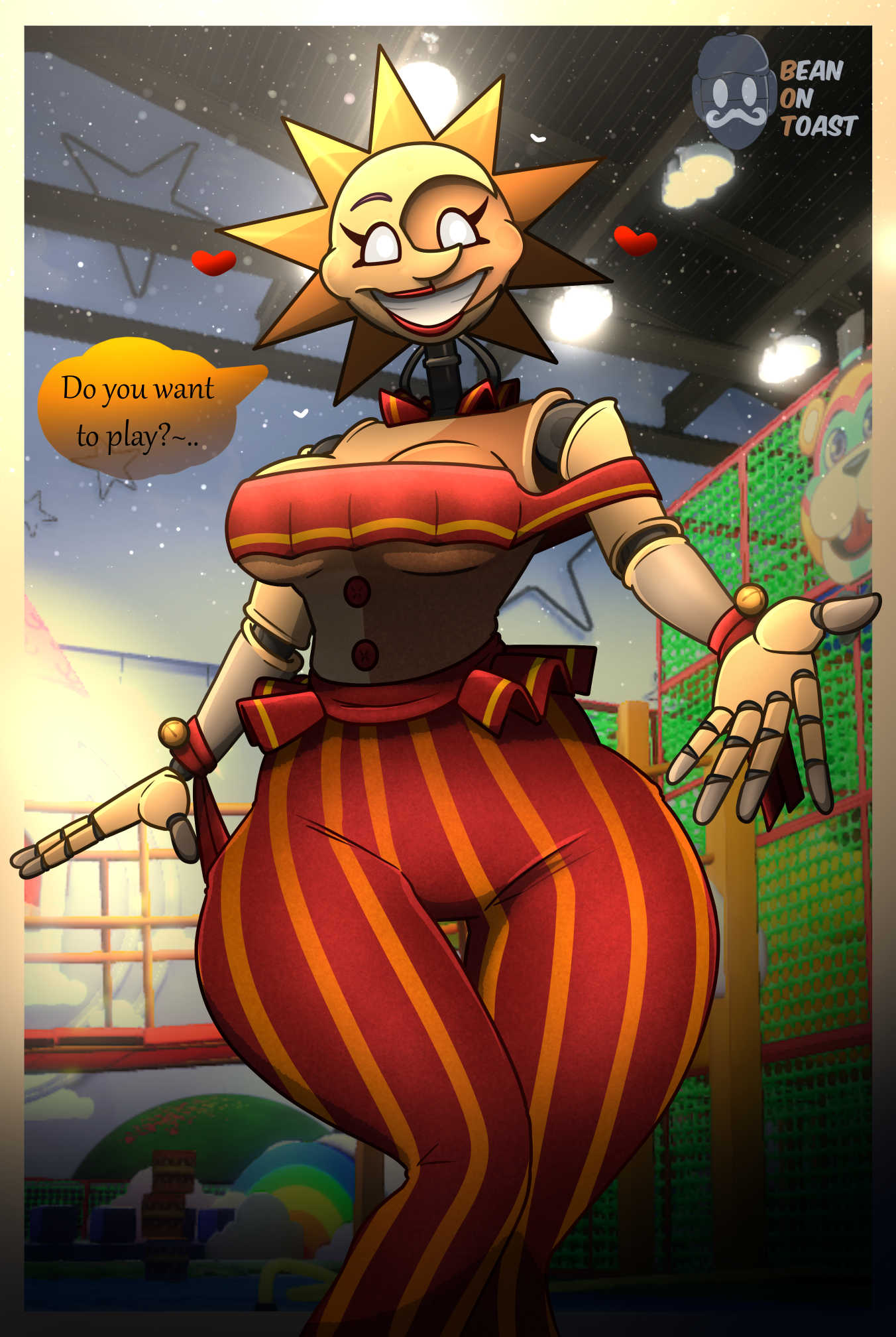 2025, 2d, 2d (artwork), 2d artwork, animatronic, animatronic female, artist logo, artist name, beanontoast, big breasts, breasts, daycare attendant (fnaf), female, five nights at freddy's, five nights at freddy's: security breach, genderswap (mtf), robot, robot girl, robot joints, rule 63, solo, sun, sundrop, thick thighs