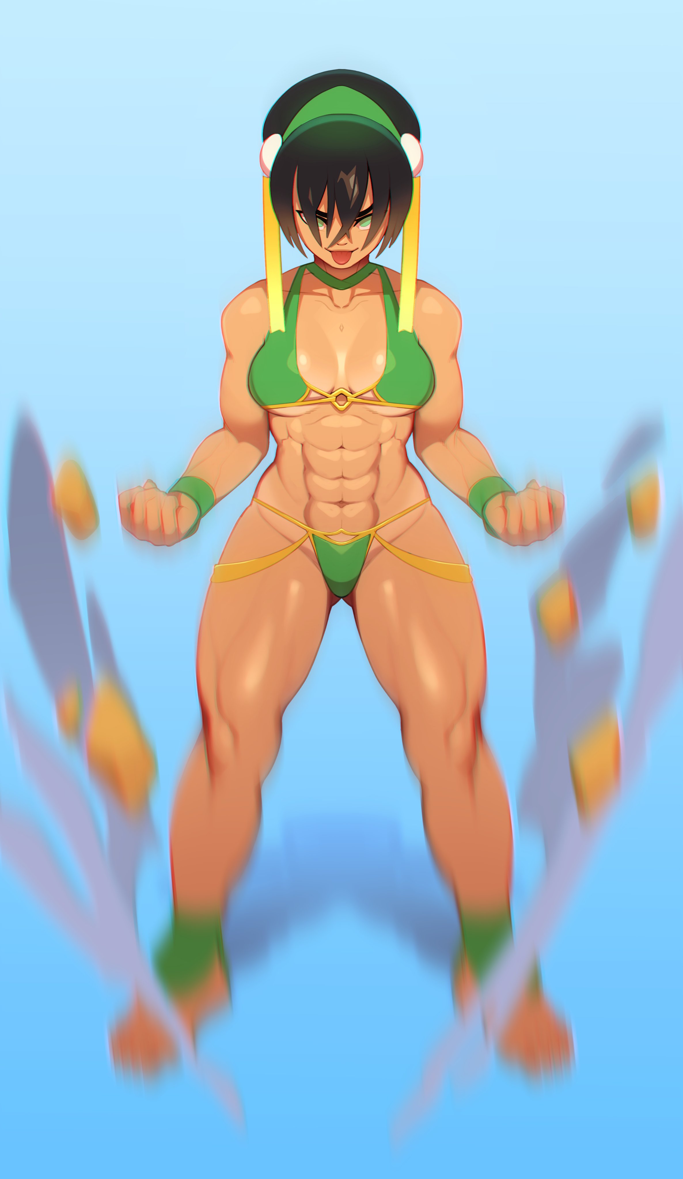1girls, abs, absurdres, anklewear, avatar the last airbender, blind, breasts, cleavage, combos-n-doodles, female, female only, headwear, highres, human, muscles, muscular, muscular female, small breasts, solo, straight hair, swimsuit, toph bei fong, wristwear