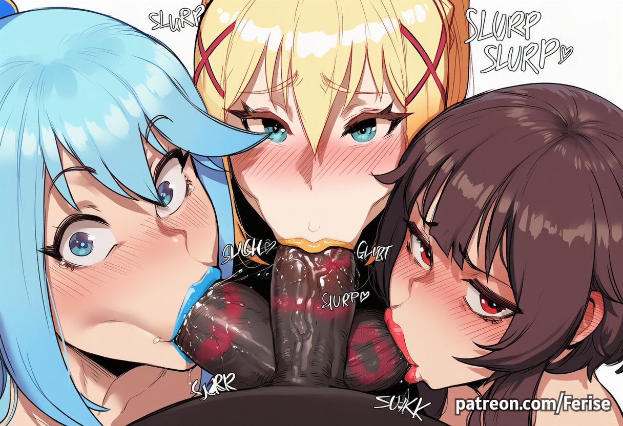 1boy, 3girls, ai generated, aqua (konosuba), balls, balls sucking, balls worship, ballsack, big balls, big breasts, big cock, big penis, big penis adoration, blowjob, blowjob face, blowjob only, blue lipstick, bra, breasts, cock, cock comparison, cock hungry, cock worship, cooperative fellatio, dark skin, dark-skinned male, darkness (konosuba), enormous cock, erection, excited, excited female, excited for sex, fellatio, female, ferise, foursome, highres, huge balls, huge cock, huge testicles, imminent cumshot, imminent sex, interracial, kono subarashii sekai ni shukufuku wo!, konosuba, large breasts, light skin, light-skinned female, lipstick, lipstick mark, lipstick mark on penis, lipstick marks, lipstick on balls, male, male pov, megumin, multiple girls, oral, oral rape, oral sex, penis, penis in mouth, pov, pov male, ready to fuck, red lipstick, slave, small penis, smell, smelly, smelly cock, sucking, sucking balls, sucking off, sucking penis, sucking testicles, sucking tip, sweat, sweaty, testicles, tongue, tongue out, triple fellatio, wanting cock, wanting cum, wanting more, wants cum, yellow lipstick