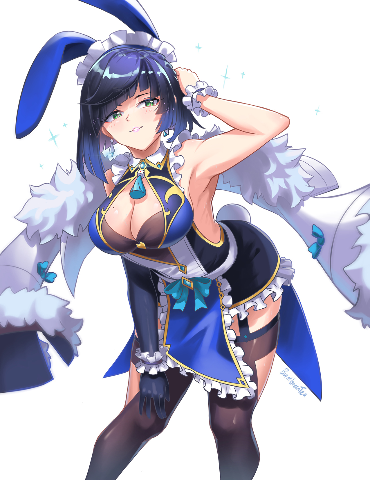 1girls, alternate costume, animal ears, aqua bow, armpits, artist name, bare shoulders, black gloves, black thighhighs, bob cut, bow, breasts, burnt green tea, center opening, cleavage, clothing cutout, commentary, diagonal bangs, dice, earrings, elbow gloves, english commentary, enmaided, eyebrows, fake animal ears, fake tail, female, female only, frilled skirt, frills, fur trim, genshin impact, gloves, gold trim, green eyes, hand on own knee, hand up, highres, jacket, jewelry, large breasts, leaning forward, legs apart, long sleeves, maid, maid headdress, mole, mole on breast, parted lips, pointy nose, rabbit tail, simple background, single bare arm, single elbow glove, skirt, solo, sparkle, standing, tail, tassel, thighhighs, thighs, white background, white jacket, wide sleeves, yelan (genshin impact)