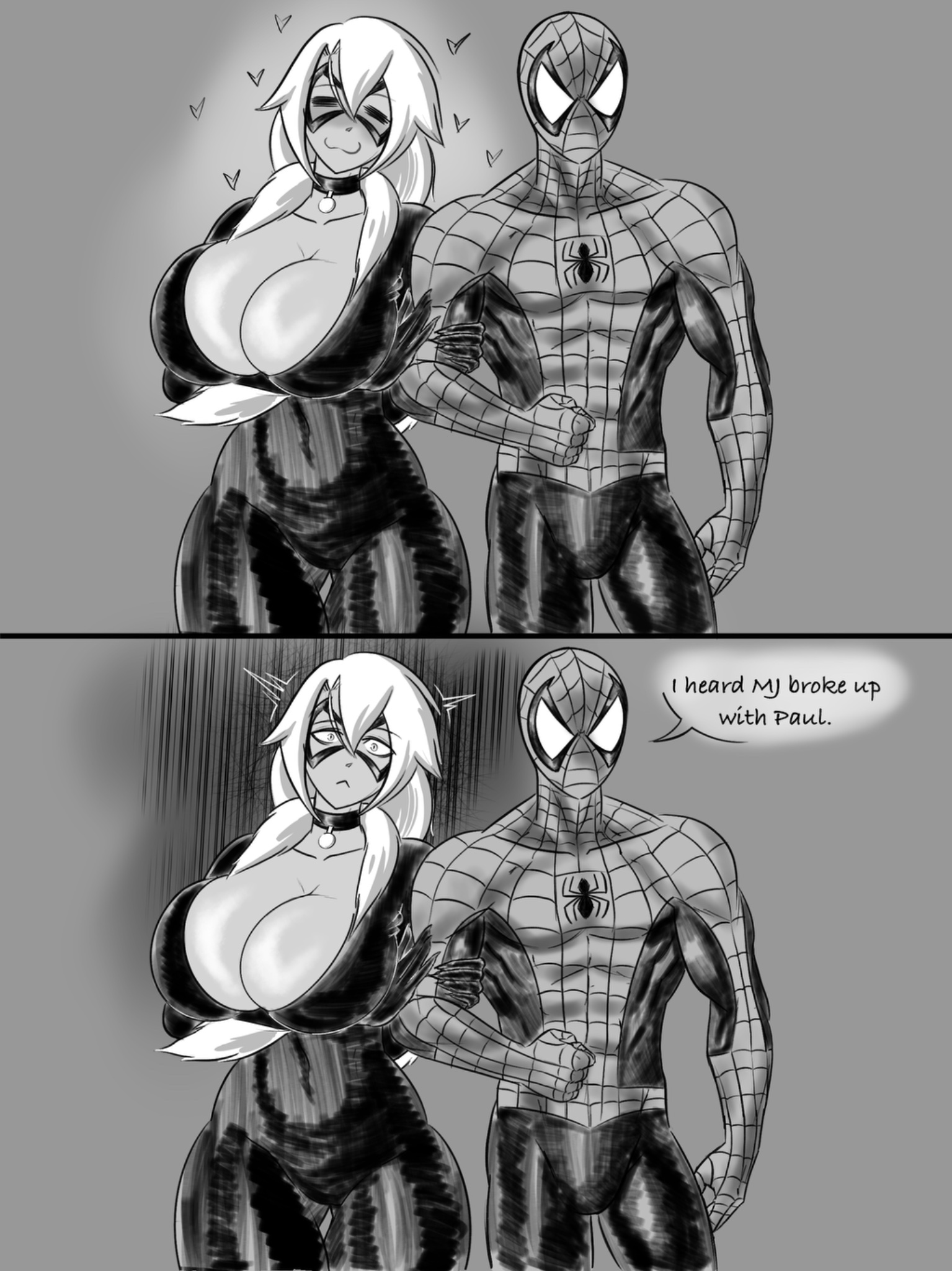 1boy, 1boy1girl, 1girls, big ass, big breasts, black cat (marvel), bodysuit, breasts, breasts bigger than head, bursting breasts, bust, busty, chest, couple, couple (romantic), couples, curvaceous, curvy, curvy figure, digital media (artwork), duo, enormous breasts, felicia hardy, female, gigantic breasts, hips, hourglass figure, huge ass, huge breasts, large ass, large breasts, legs, light skin, light-skinned female, light-skinned male, male, male/female, marvel, marvel comics, massive breasts, mature, mature female, mature male, noirsun00, peter parker, romantic, romantic couple, skin tight, slim waist, spider-man, spider-man (series), straight, superhero, superhero couple, superheroine, thick, thick hips, thick legs, thick thighs, thighs, tight clothes, tight clothing, voluptuous, voluptuous female, waist, white hair