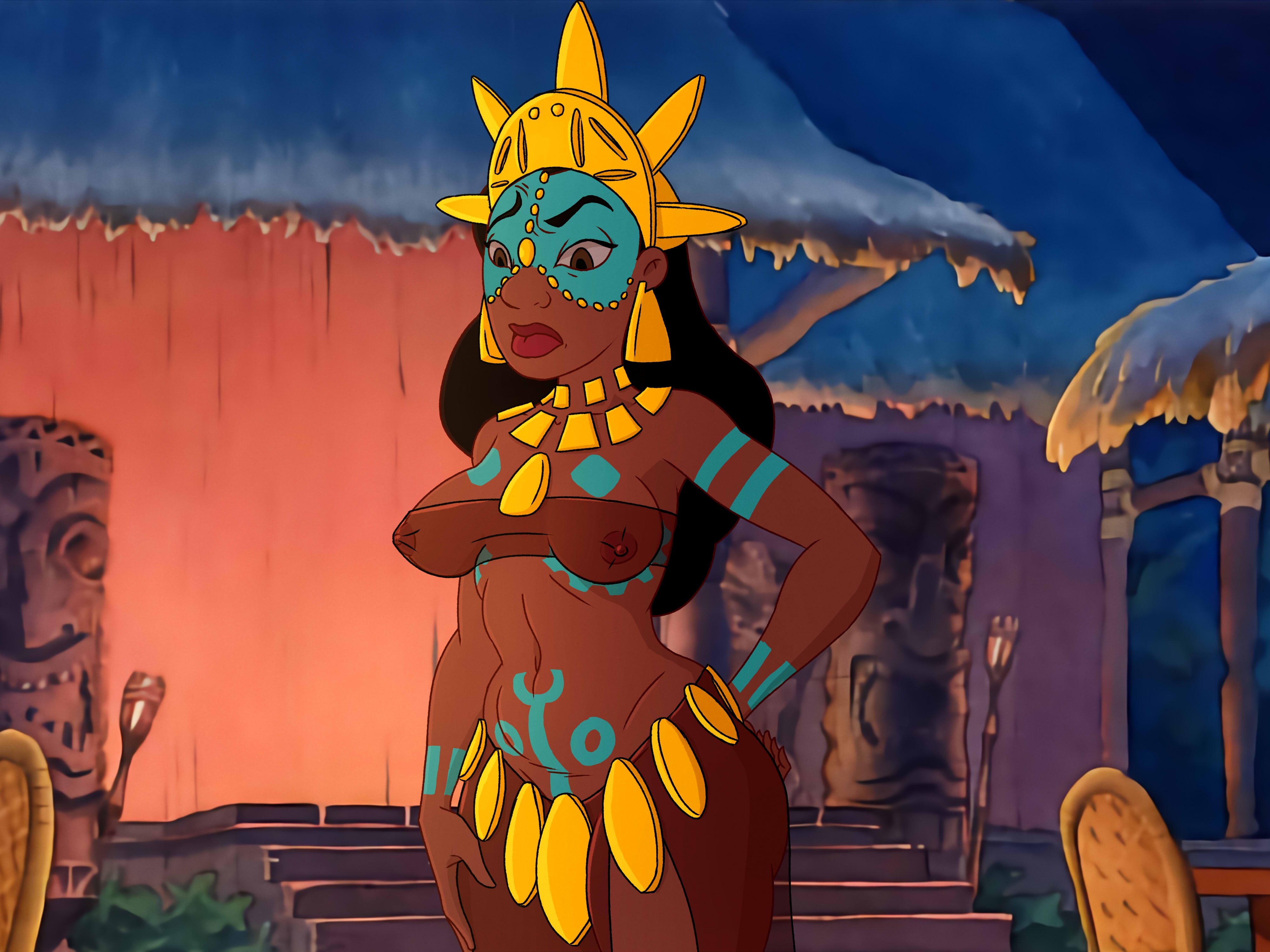 1girls, alternate version at source, aztec queen (caravan palace), breasts, caravan palace, clothing, dark skin, dark-skinned female, disney, facepaint, female, female only, human, lilo and stitch, nani pelekai, nipples, nipples visible through clothing, solo, thebrise, translucent clothing