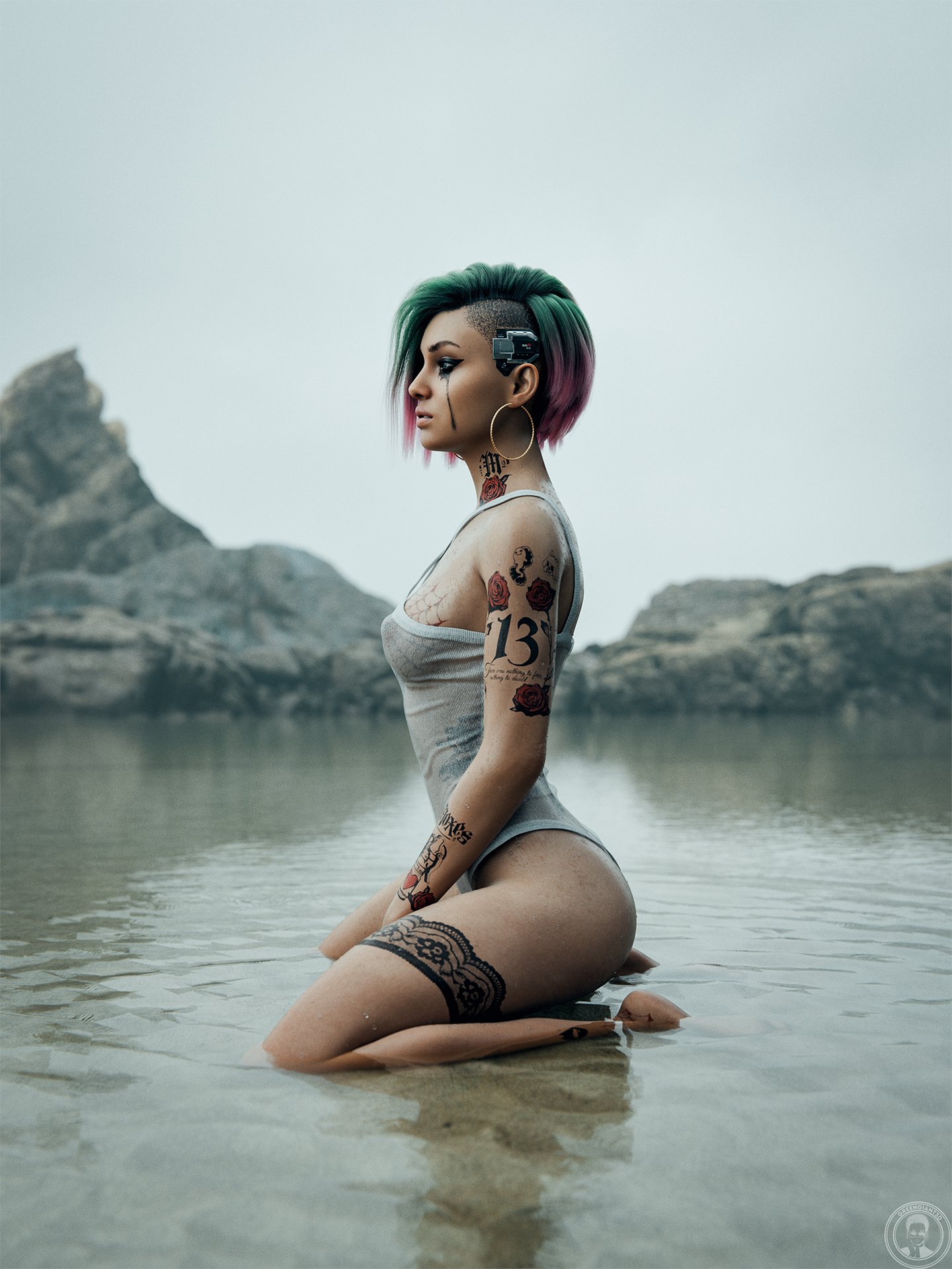 1girls, 2025, 3d, areolae, areolae visible through clothing, ass, bodysuit, breasts, breasts visible through clothing, cat eyeliner, cyberpunk 2077, eyeliner, eyeshadow, female, female only, full body, green and purple hair, greengiant3d, hoop earrings, judy alvarez, mascara tears, medium breasts, nipples, nipples visible through clothing, outdoors, runny makeup, runny mascara, sand, shaved side, short hair, sitting, sitting on ground, solo, tattoo, tattoos, tattoos everywhere, tears, water, winged eyeliner