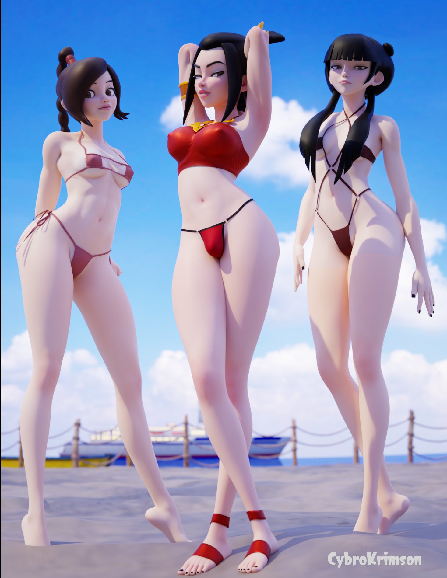1futa, 2girls, 3d, avatar legends, avatar the last airbender, azula, beach, bikini, black hair, breasts, brown hair, bulge, bulge through clothing, cybrokrimson, erect nipples, female, futanari, intersex, mai (avatar), nickelodeon, nipple bulge, sideboob, skimpy, swimsuit, ty lee, underboob