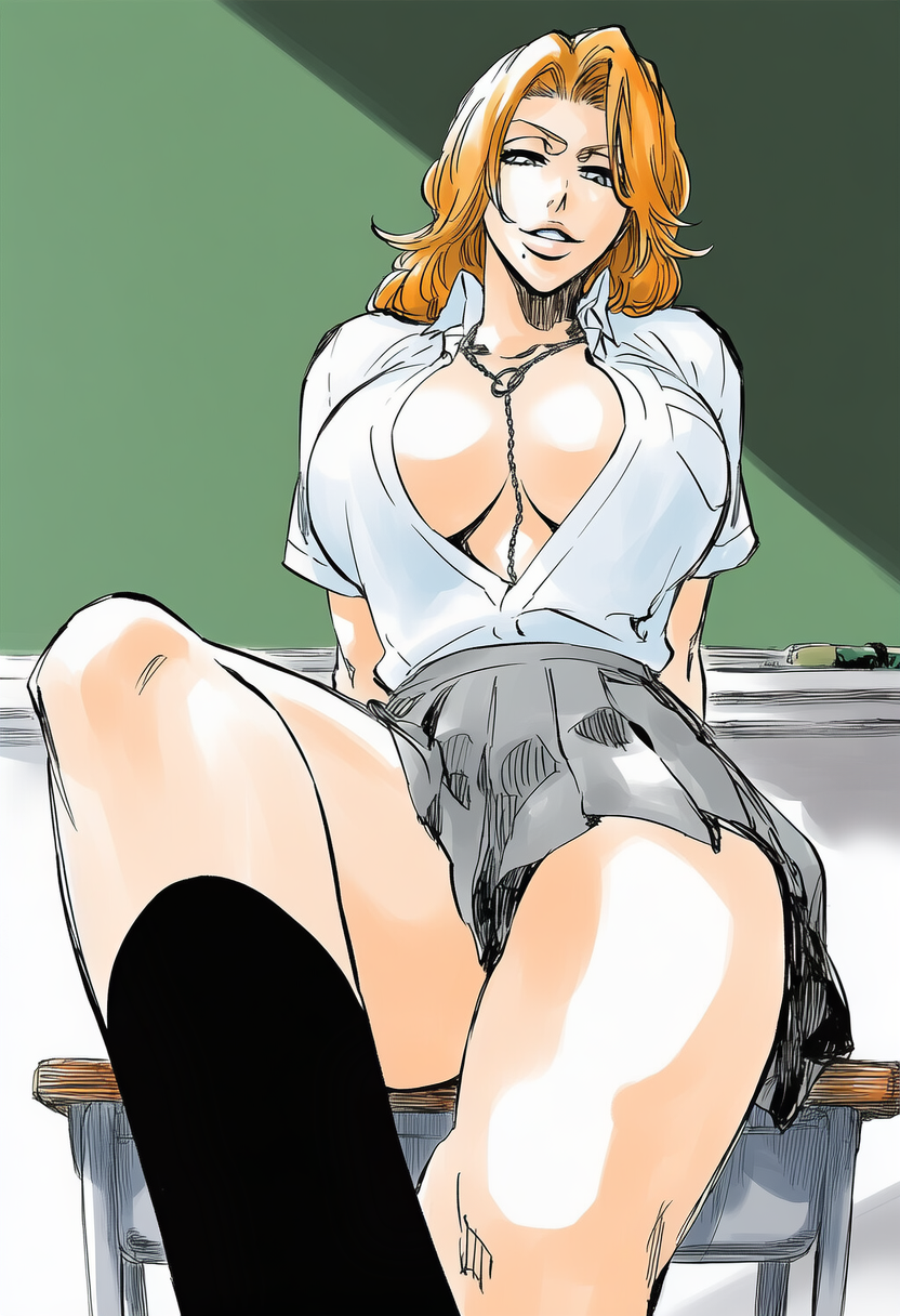 1girls, ai generated, areolae, bare chest, bare thighs, beauty mark, big breasts, bleach, blue eyes, breasts, busty, chain necklace, cleavage, desk, female, female focus, female only, from below, front view, hourglass figure, huge breasts, large breasts, light-skinned female, manga style, matsumoto rangiku, mature, mature female, milf, mole, mole under mouth, naughty, naughty face, necklace, nipples, no bra, no bra under clothes, open clothes, open shirt, oppai, orange hair, pleated skirt, sagging breasts, school uniform, schoolgirl, shiny, shiny hair, shiny skin, shirt, short sleeves, sitting, sitting on desk, skirt, socks, solo, thighs, tite kubo style, unbuttoned, unbuttoned shirt, voluptuous, voluptuous female, wavy hair, ㅇㅇ