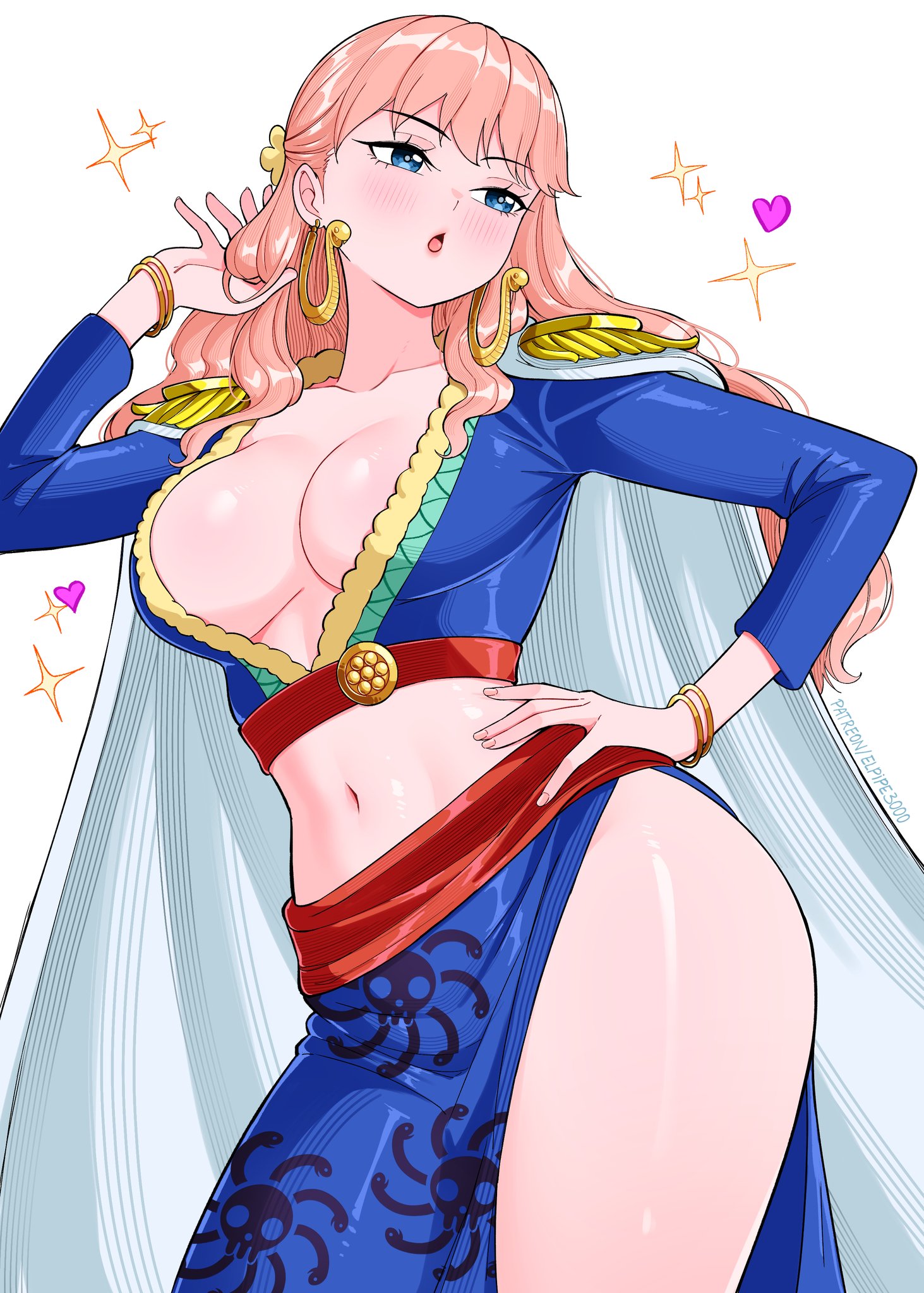 1girls, bare legs, bare thighs, big breasts, blue eyes, blush, breasts, clothed, clothing, color, elpipe3000, female, female focus, female only, gloriosa (one piece), hi res, inner sideboob, large breasts, light skin, light-skinned female, long hair, no bra, one piece, pink hair, pink-haired female, sfw, shounen jump, solo, solo female, tagme, thick thighs